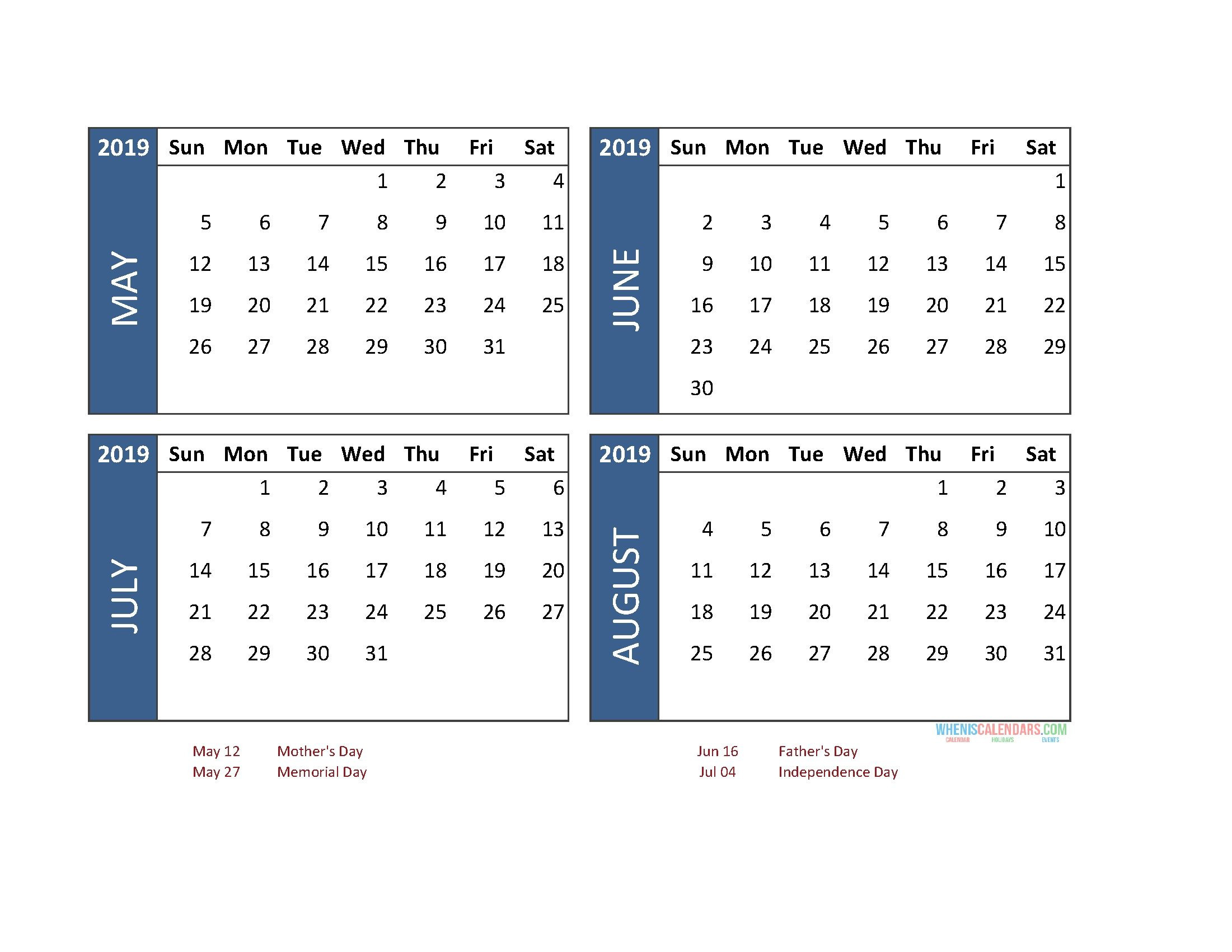 Printable 4 Month Calendar 2019 May June July August  May June July With Notes Printable