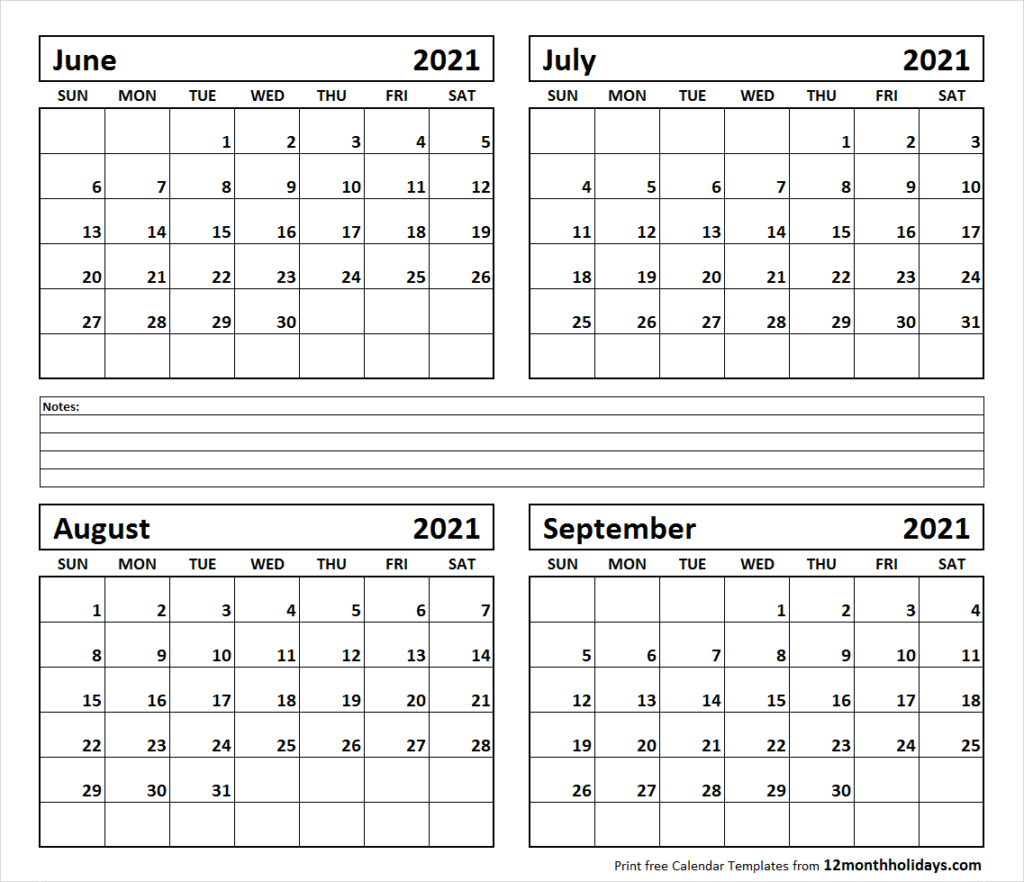 Printable Blank Four Month June July August September 2021  June July August September 2021 Printable Calendar