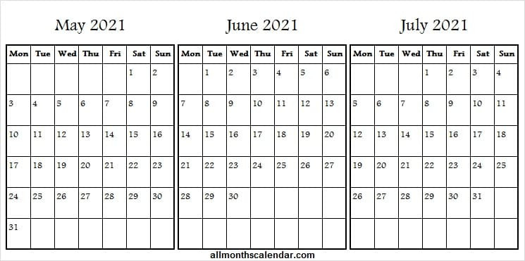 Printable Calendar May To July 2021 - Print Free Blank  May June July With Notes Printable