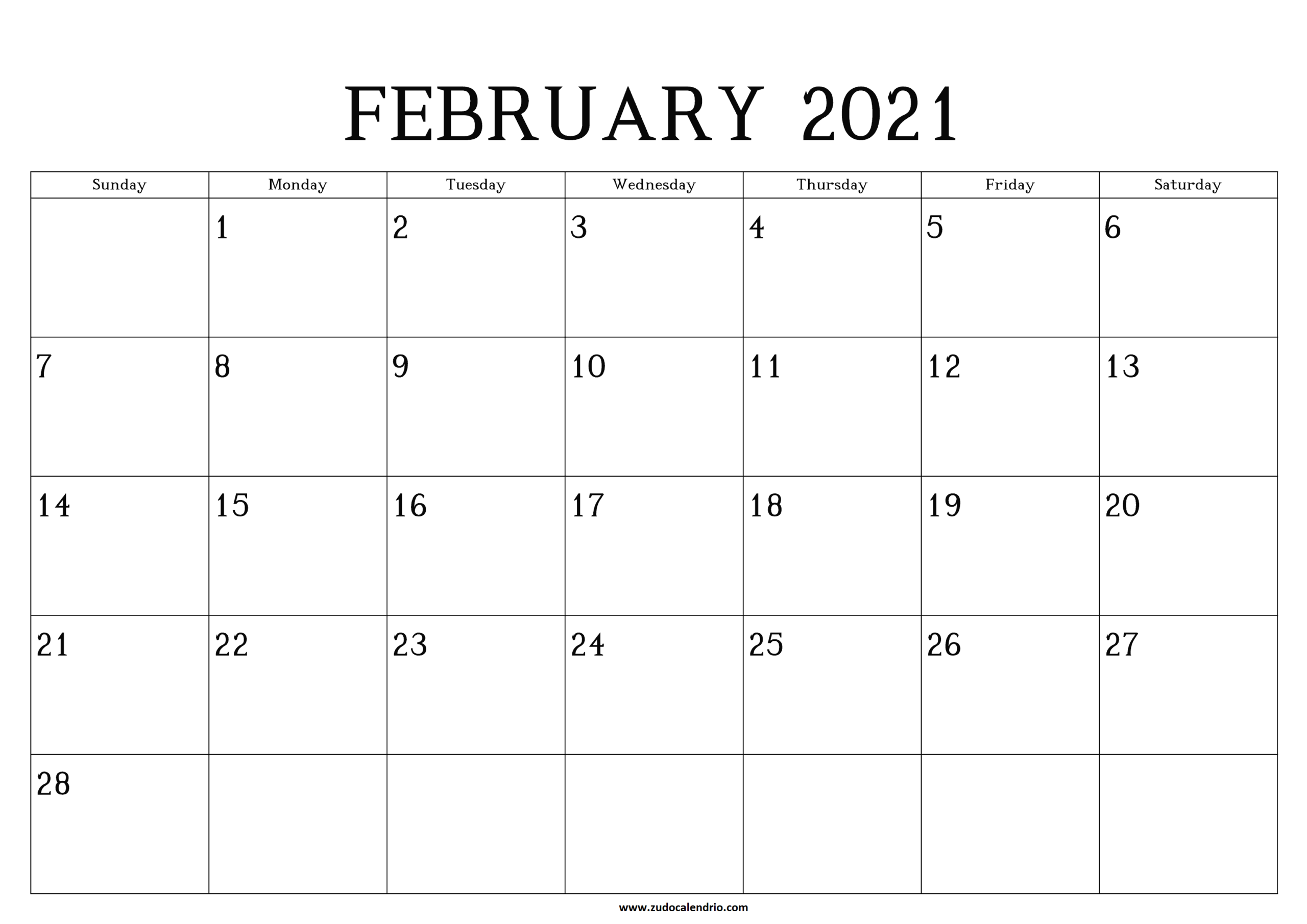 Printable February Calendar 2021 | Zudocalendrio  Feb 2021 Calendar