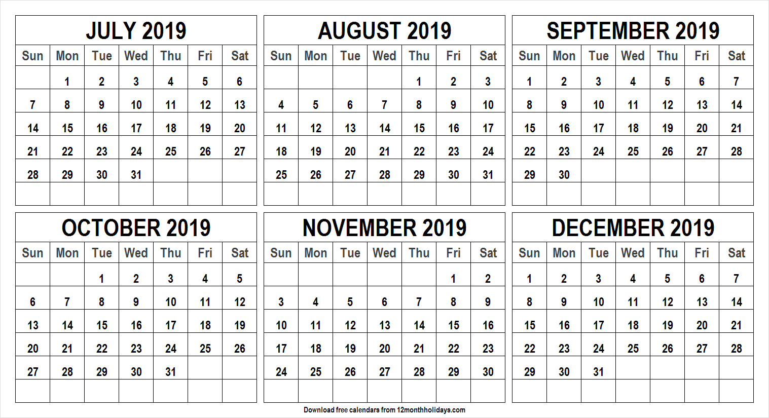 Printable July To Dec 2019 6 Month Calendar | Example  Free 6 Month Calendar Template