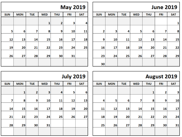 Printable May June July August Calendar Template #June #  May June July With Notes Printable