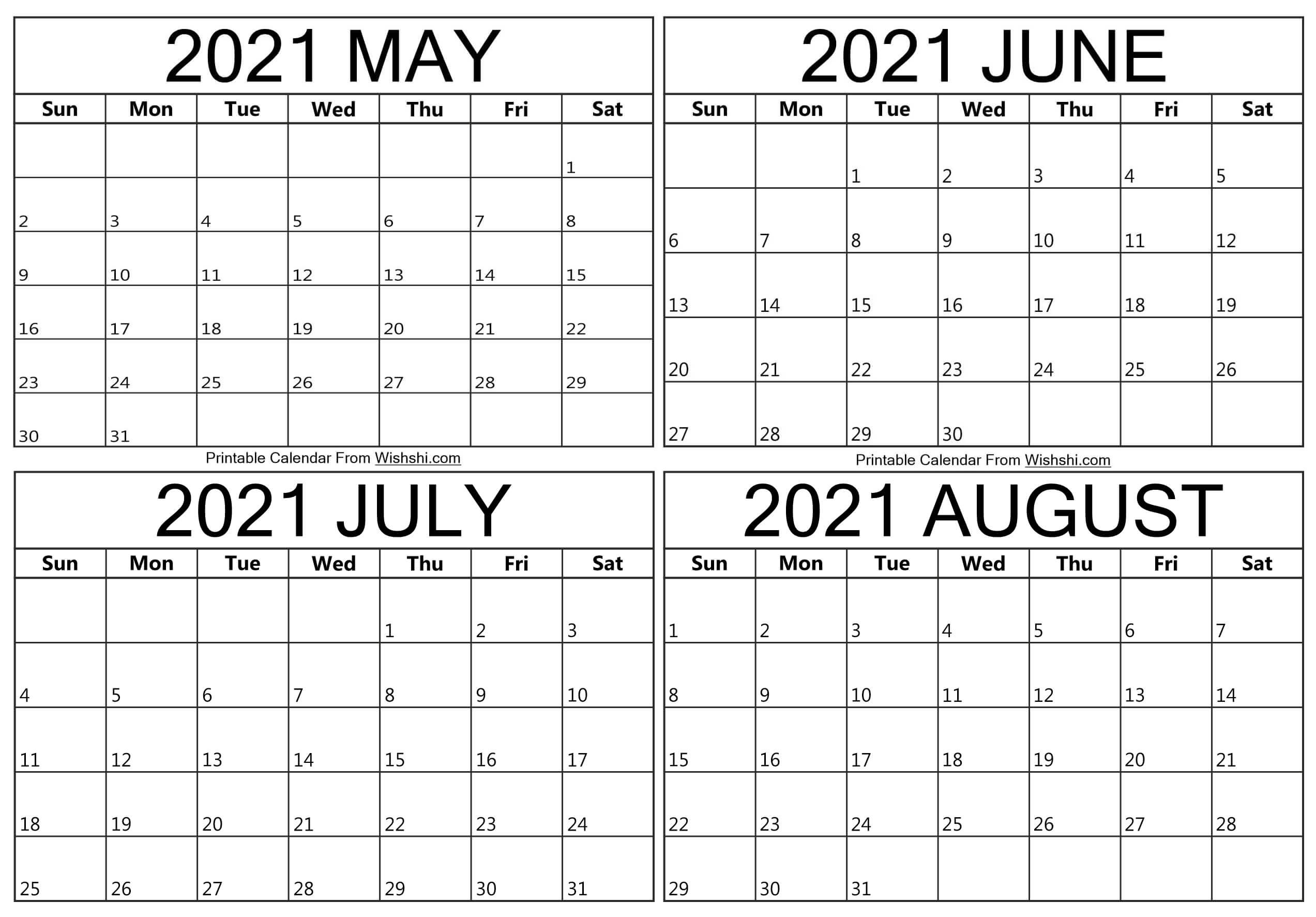 Printable May To August 2021 Calendar - Free Printable  June July August September 2021 Printable Calendar