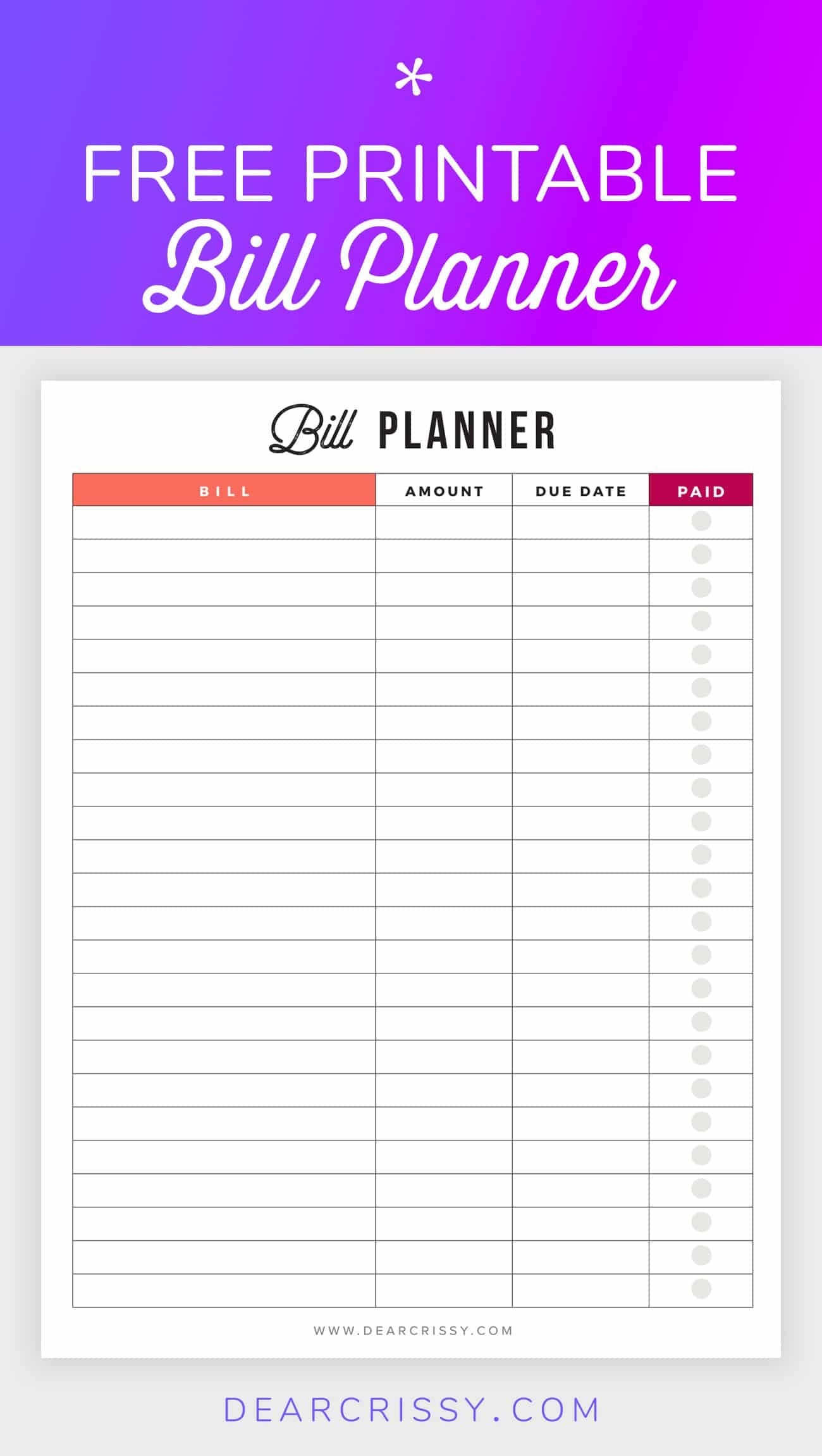 Printable Monthly Bill Pay - Template Calendar Design  Printable Bill Tracker Template