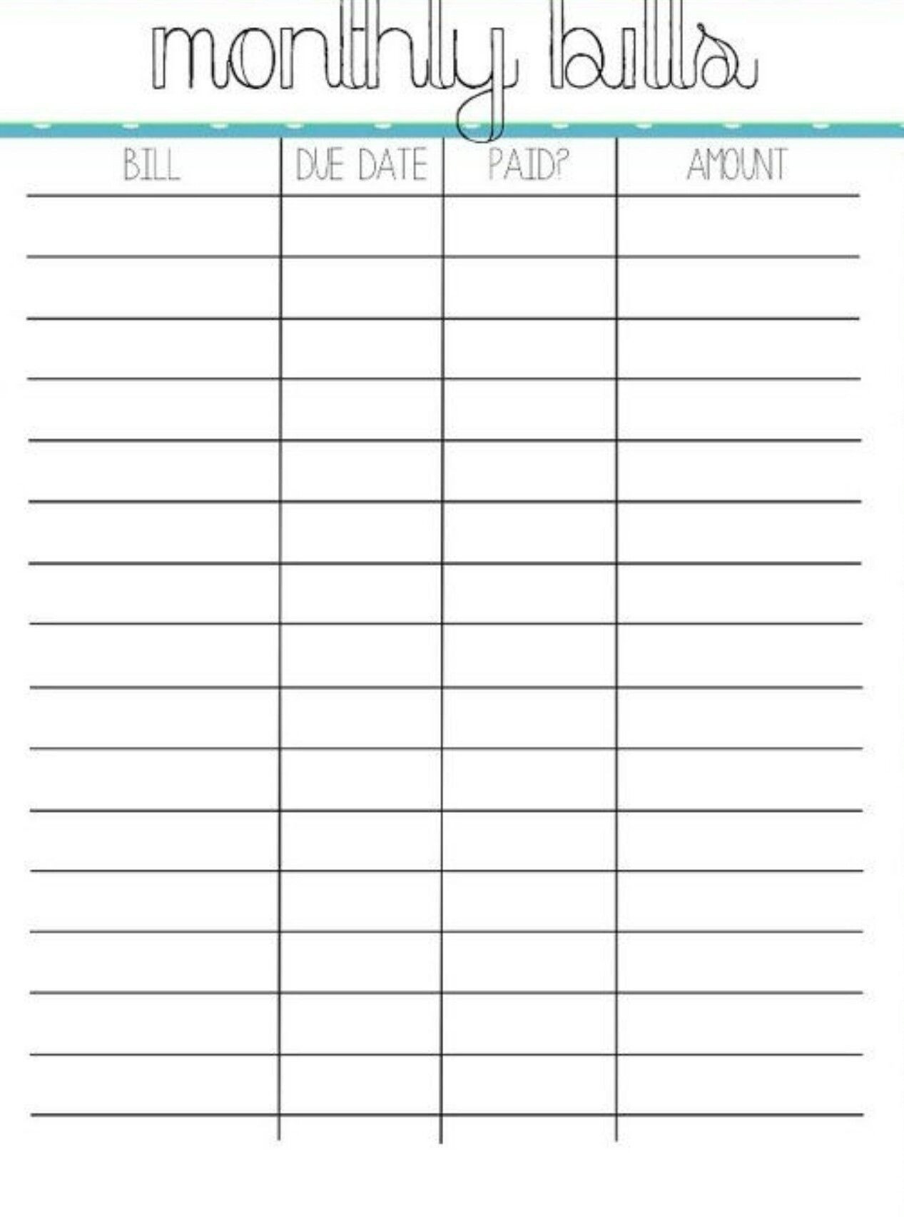 Printable Monthly Bill Paying Worksheet - Calendar  Weekly Bills Worksheet