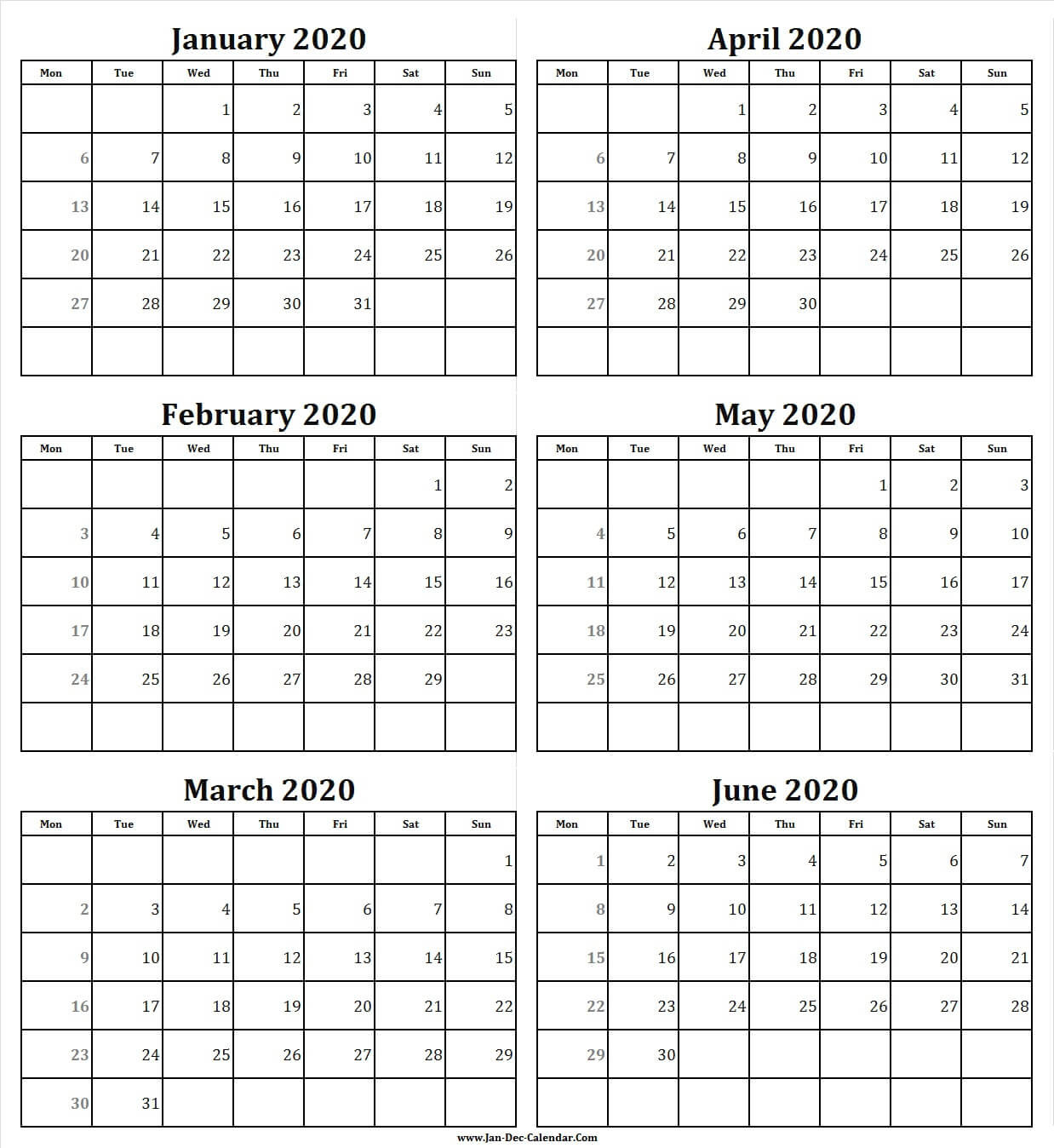 Printable Six Month Calendar 2020 | Example Calendar Printable  Free 6 Month Calendar Template