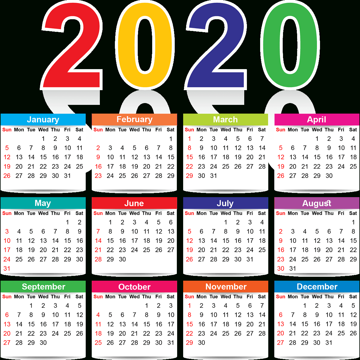 Printable Yearly Calendar 2020 Excel | Calendar Vector  Printable Calendar Full Page
