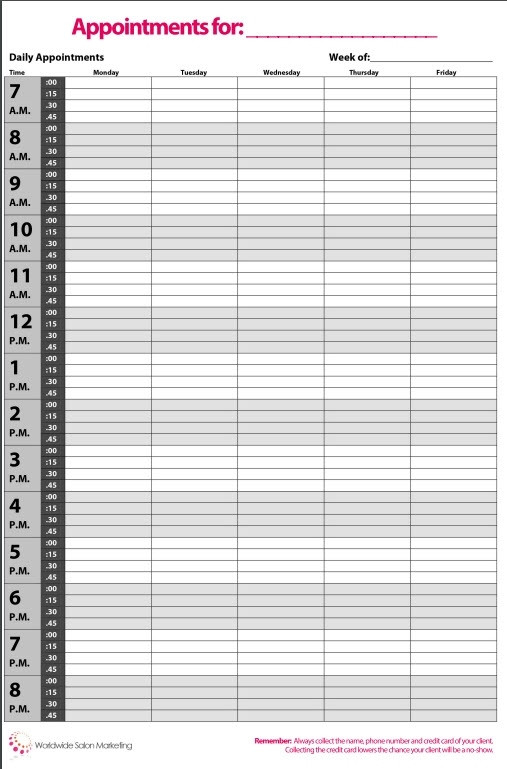 Salon Appointment Calenders 15 Minute Time Slots  7 Day Printable Appointment Book