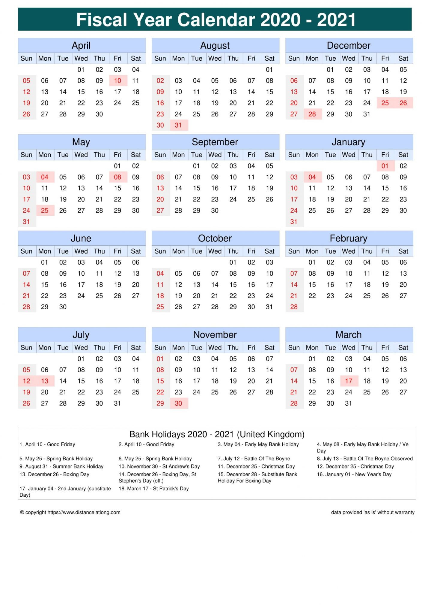 Financial Year Calendar 2021 Template Calendar Design