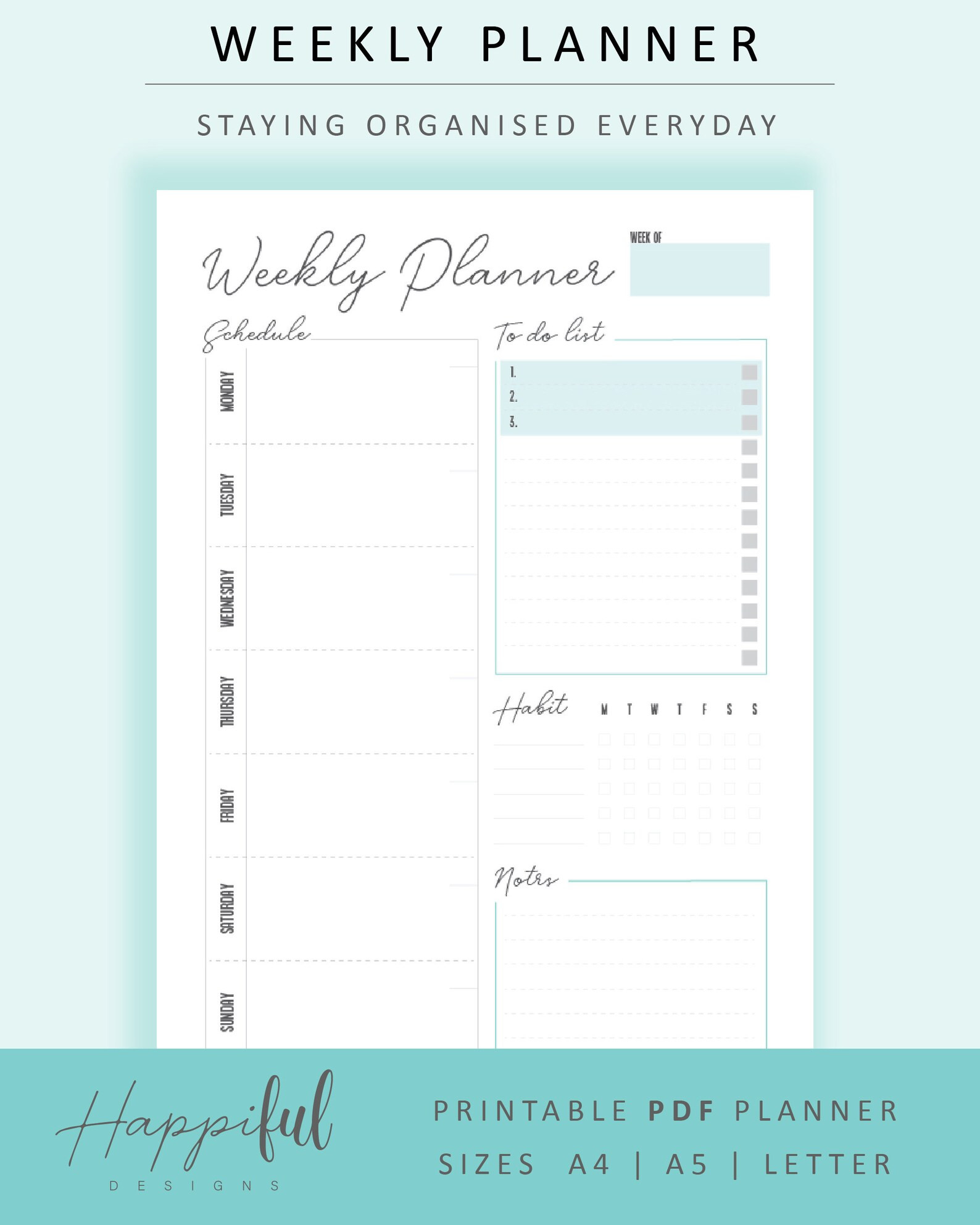 Weekly Planner Printable Includes 7 Day Planner Weekday  7 Day Weekly Planner
