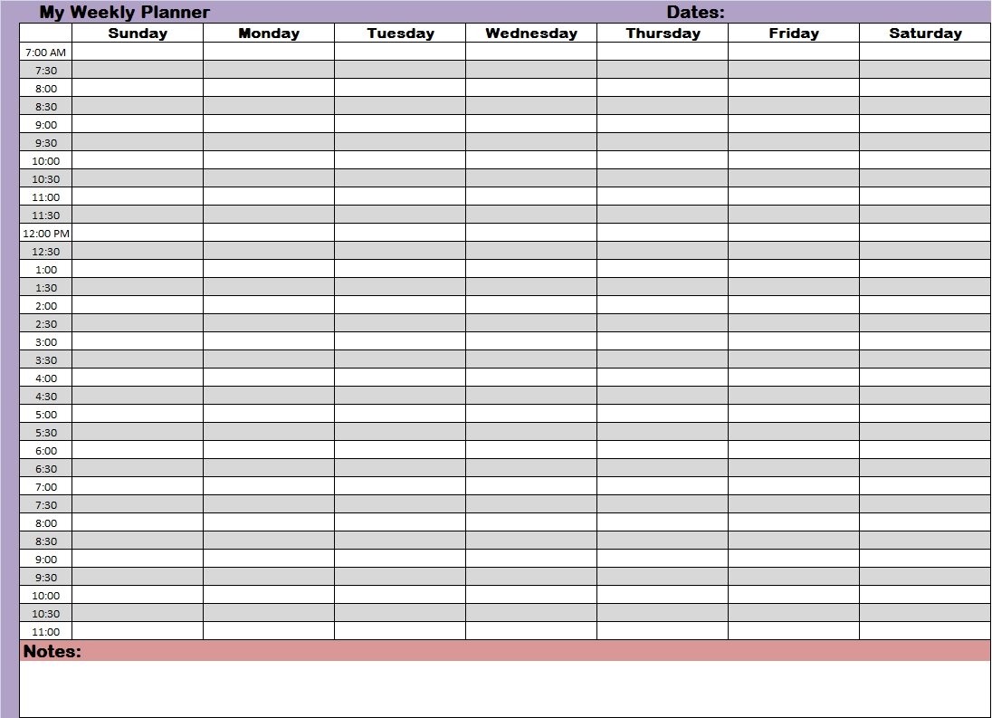 Weekly Planner With Time Slots Printable :-Free Calendar  Free Excel Calendar Template Time Slots