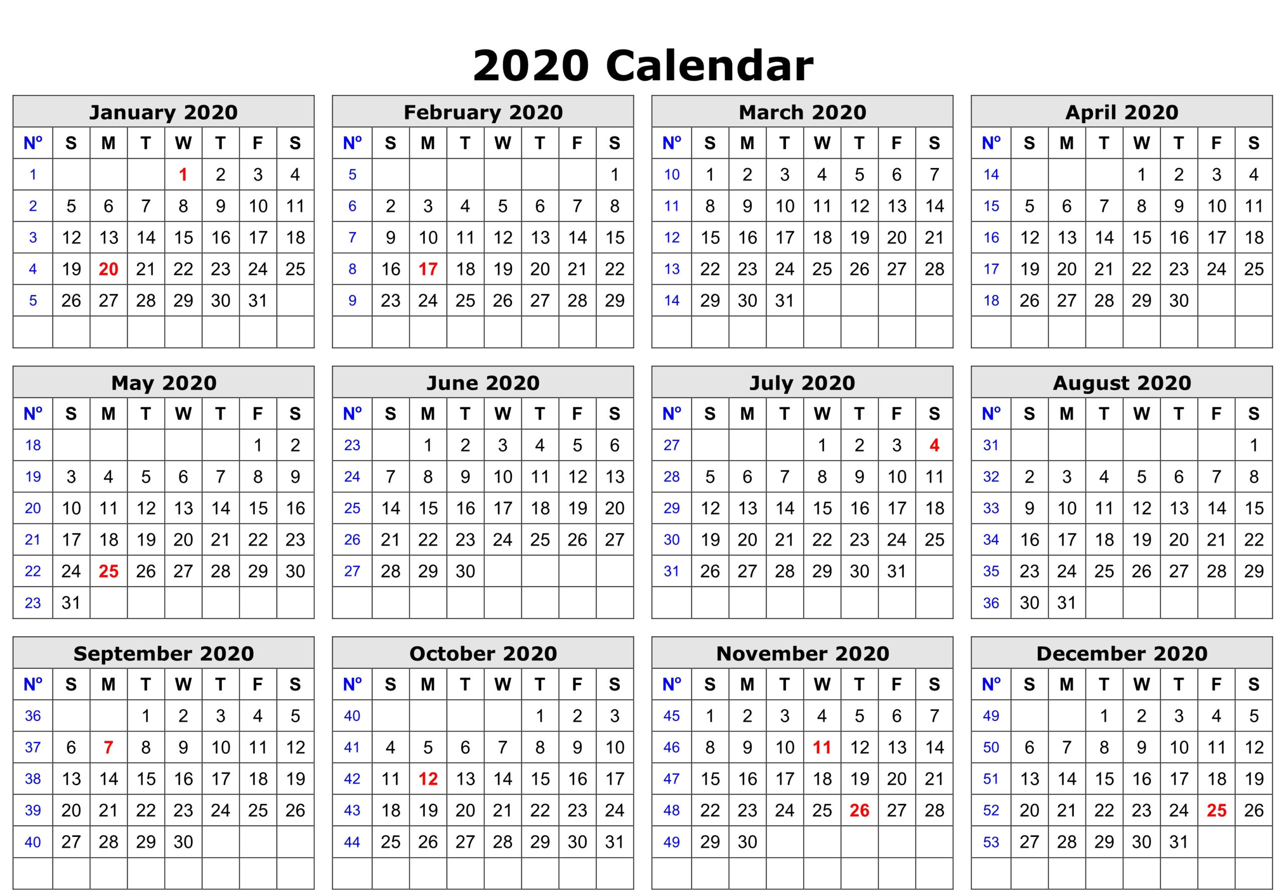 Year Calendar Free Printable 2020 | Calendar Printables  Free Downloadable Editable Calendar