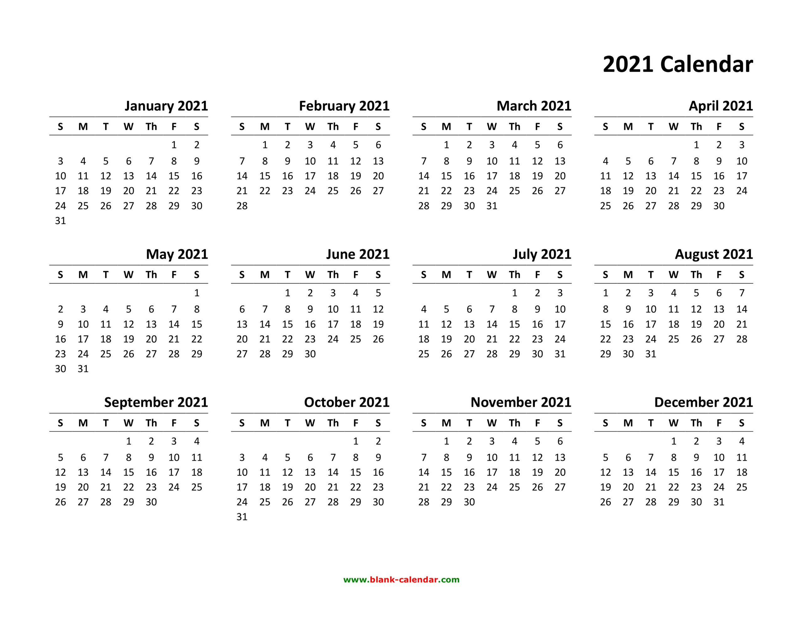 Yearly Calendar 2021 | Free Download And Print  Free Full Year Printable Calendar 2021
