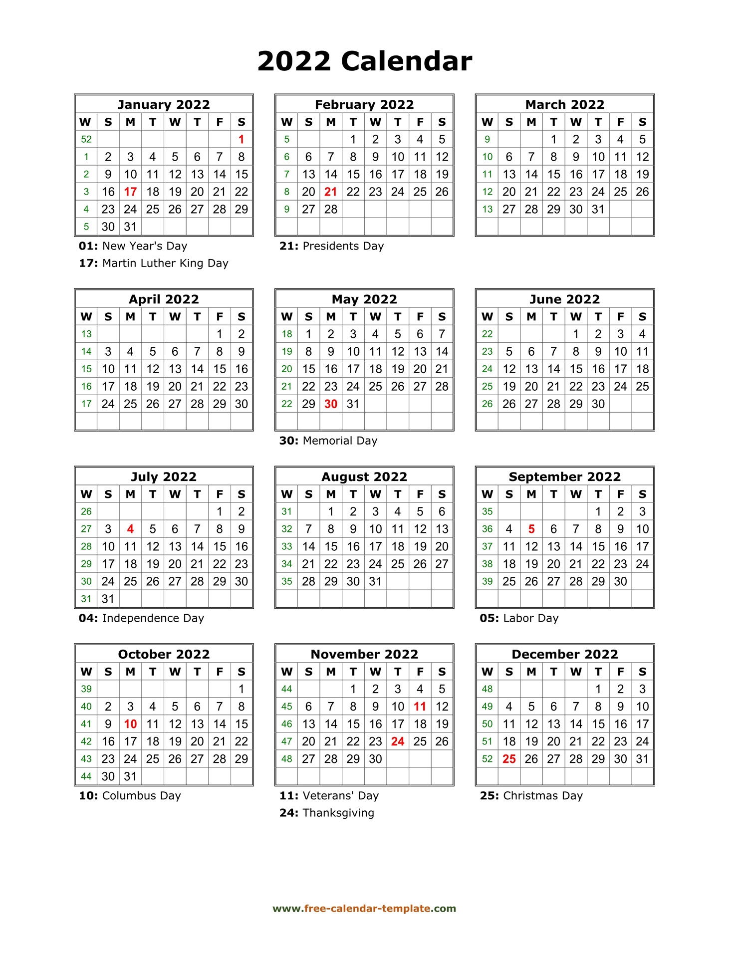 Yearly Printable Calendar 2022 With Holidays | Free  Free Printable One Month Calendar