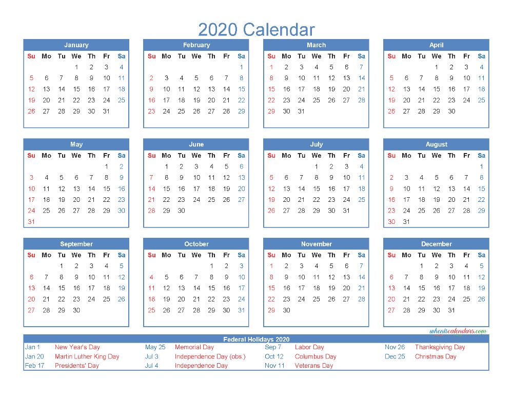 12 Month Printable Calendar 2020 With Holidays | Calendar Template, 12 Month Calendar, Calendar 2020  Single Month Calendars To Print