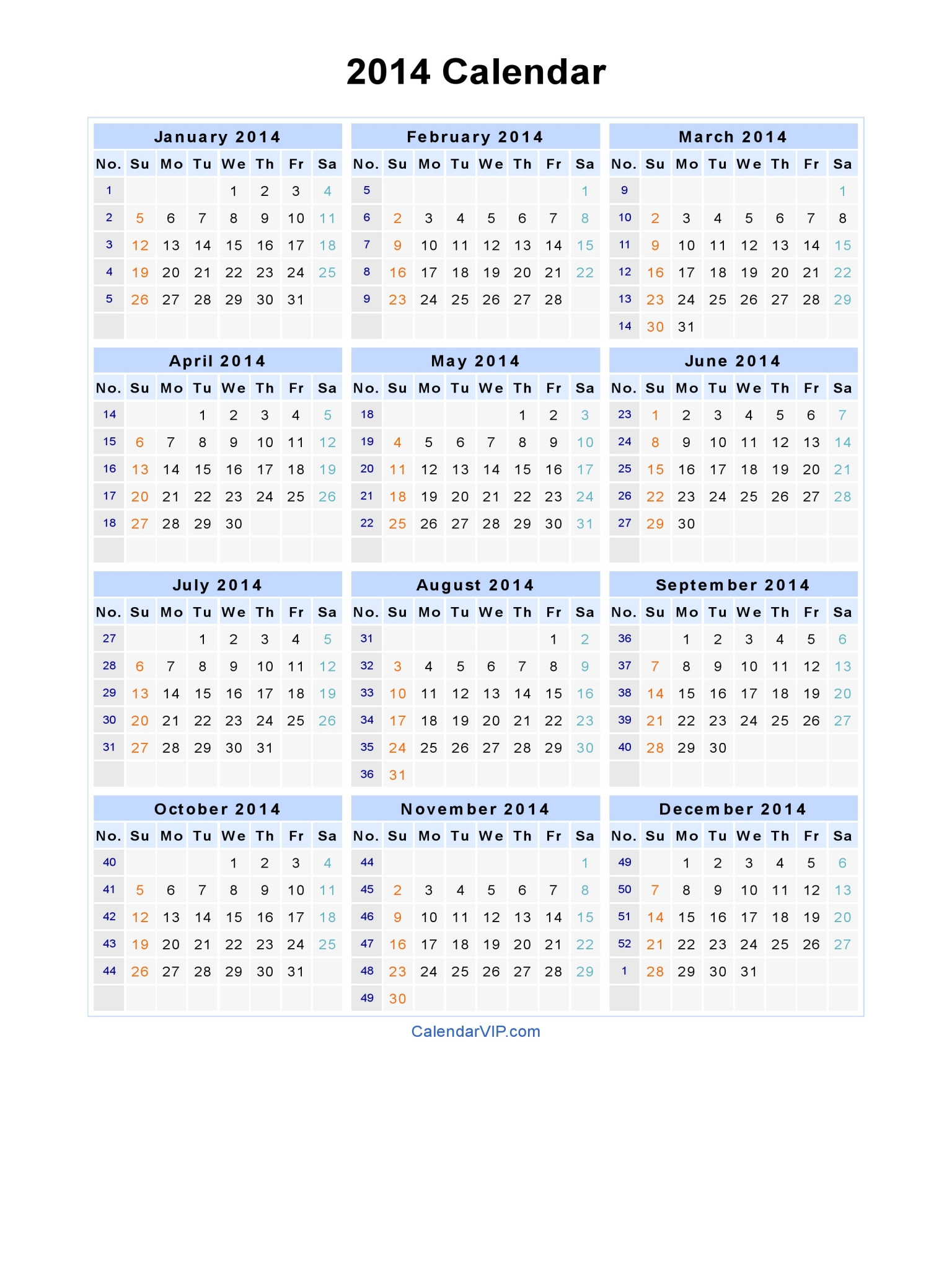 2014 Calendar - Blank Printable Calendar Template In Pdf  Whole Year Calendar Template