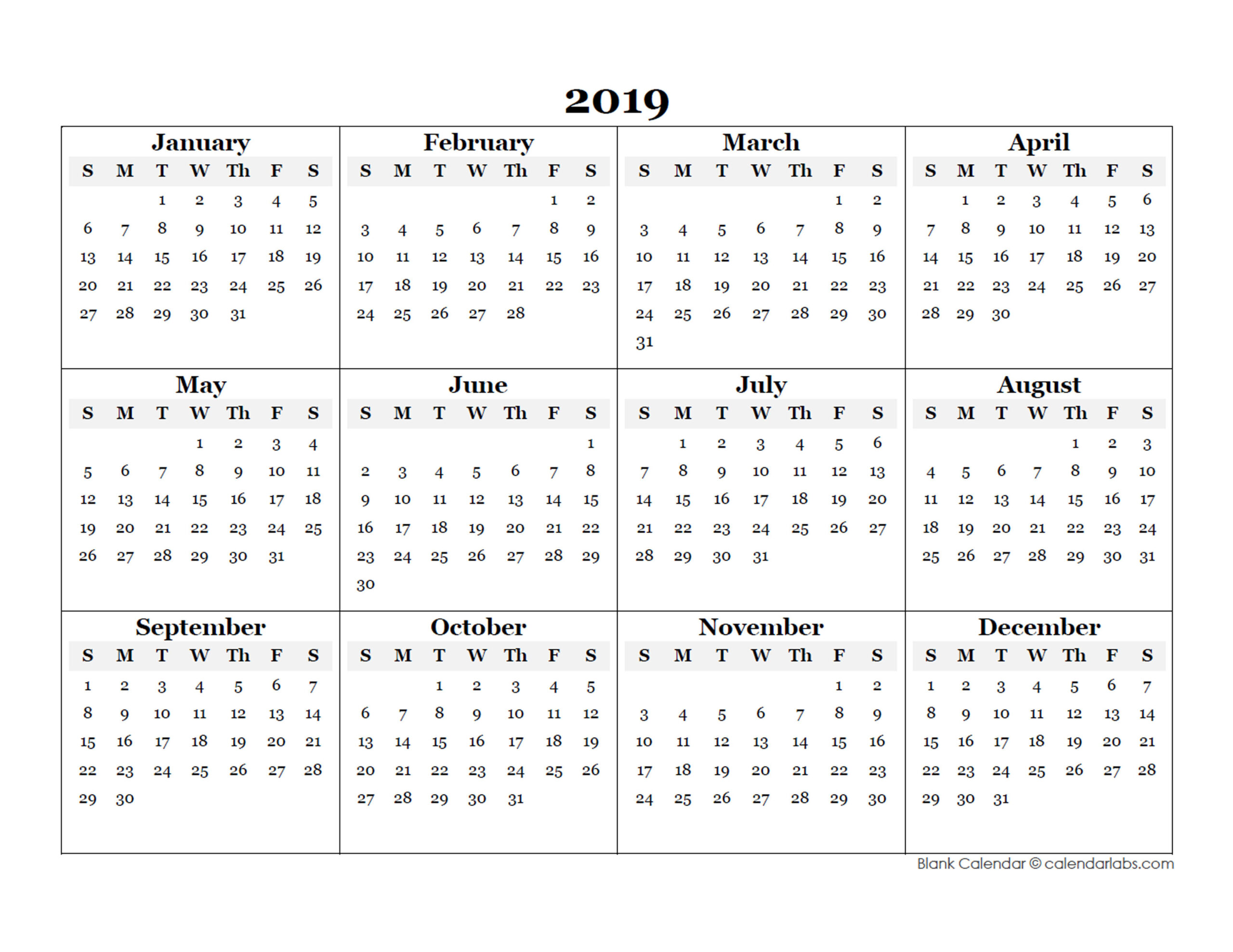 2019 Blank Yearly Calendar Template - Free Printable Templates  Whole Year Calendar Template