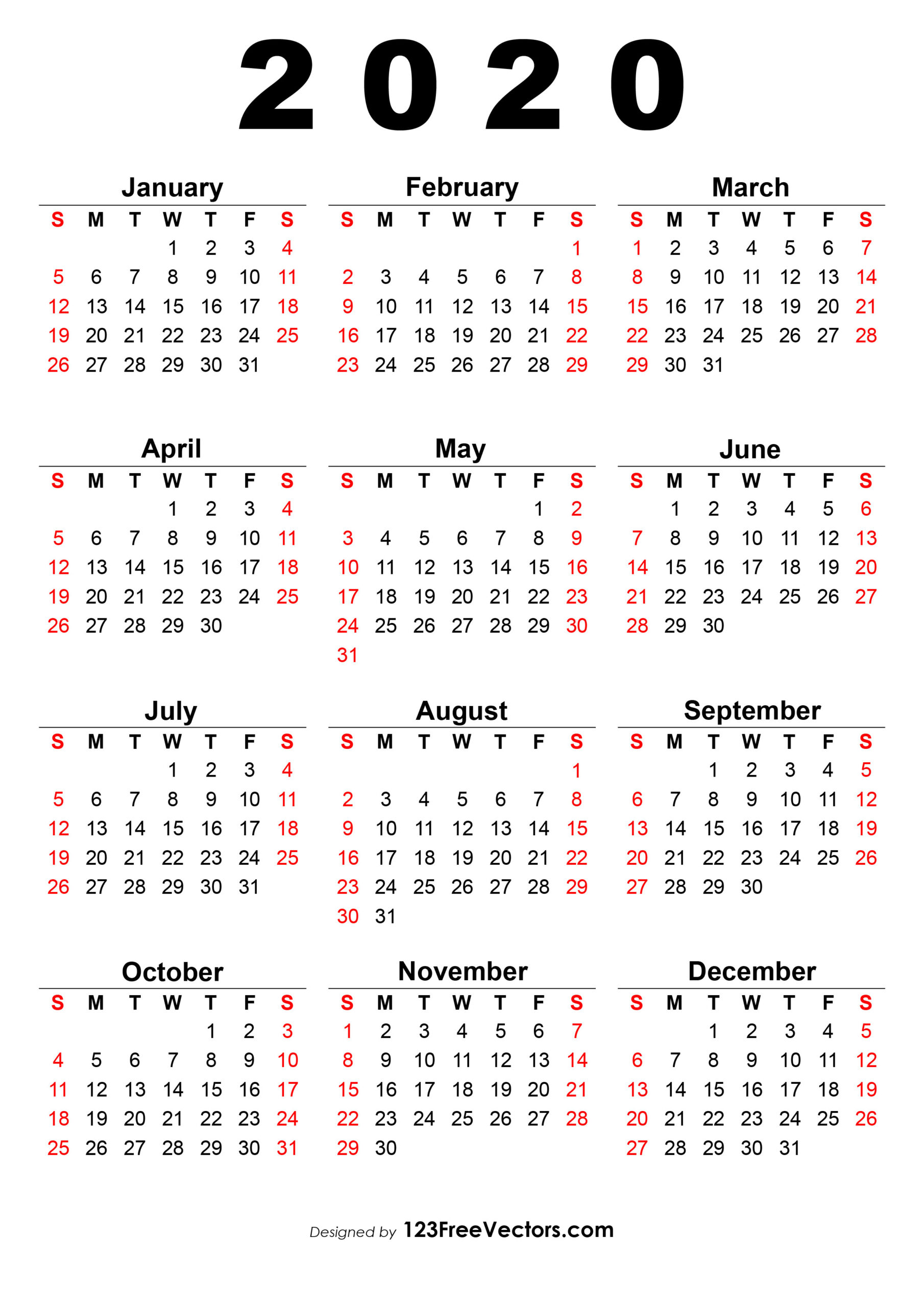 2020 12 Month Single File Calendar Printable Free | Example Calendar Printable  Single Month Calendars To Print