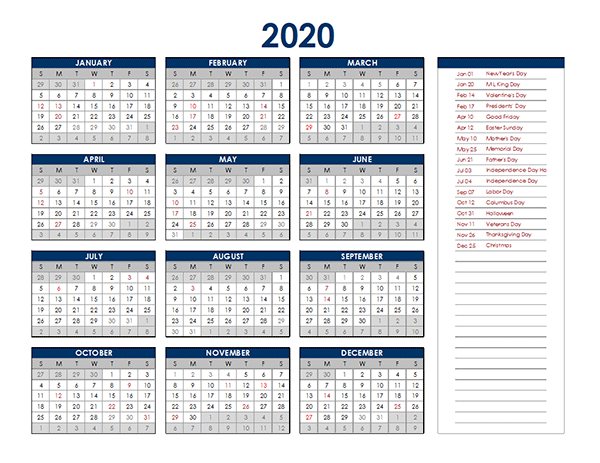 2020 Excel Yearly Calendar - Free Printable Templates  Australian Financial Year Calendar To Edit