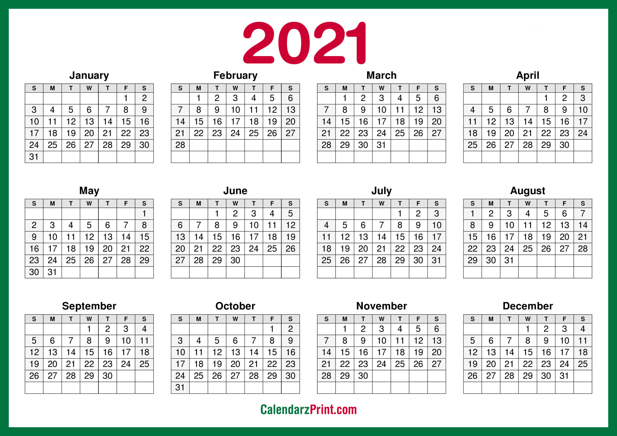 2021 Calendar Printable Free, Horizontal, Hd, Green  Yearly Calendar Printable