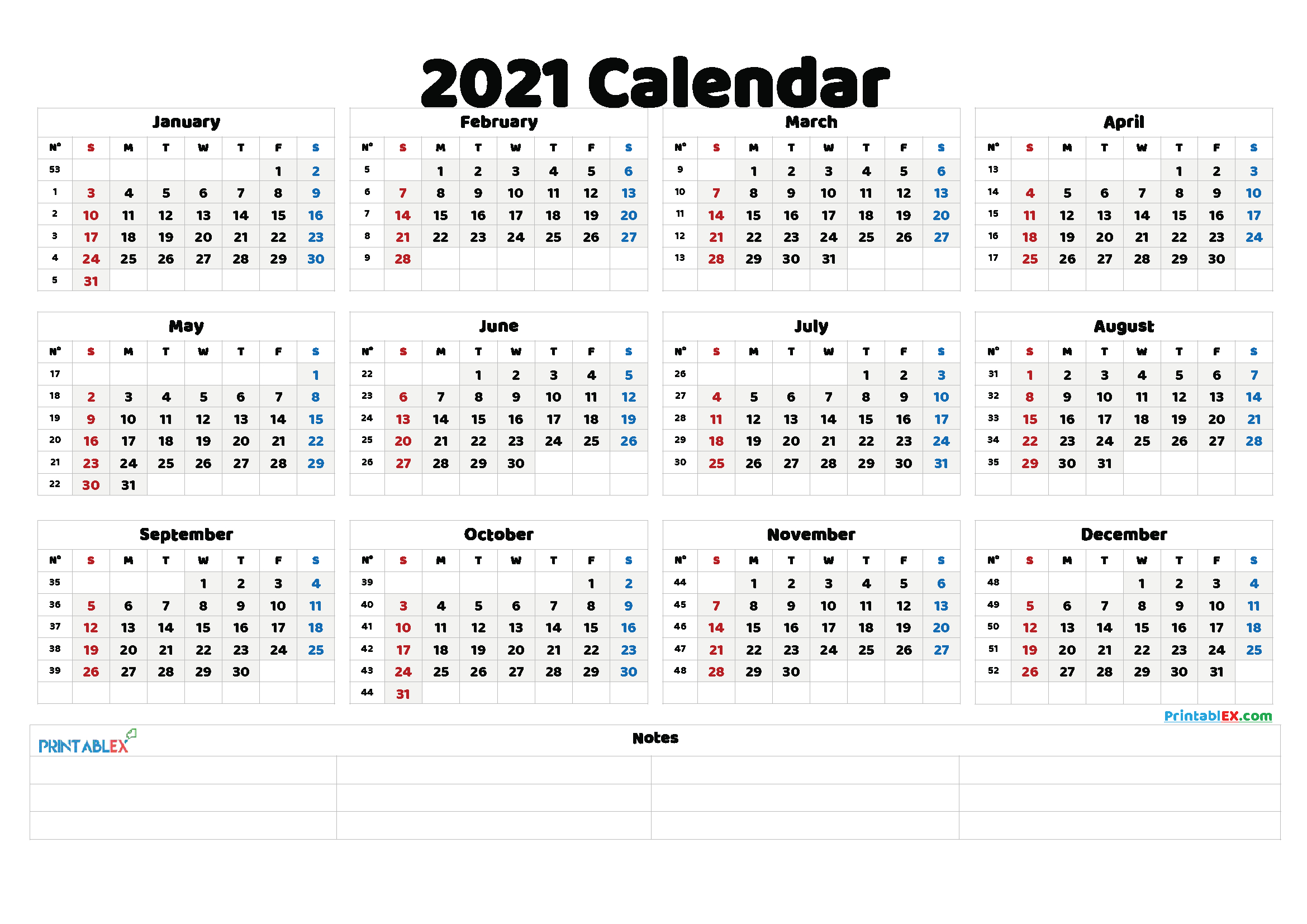 2021 Calendar Year View | Printable Calendars 2021  Yearly Calendar Printable