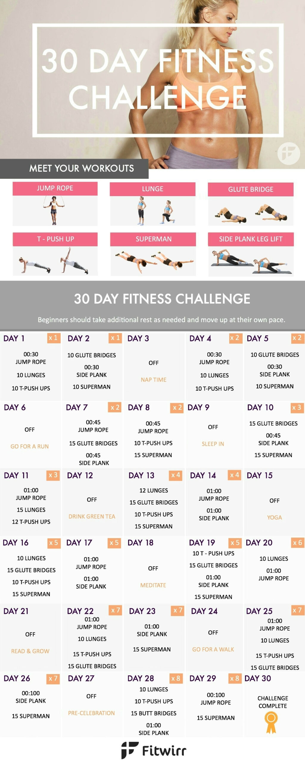 30 Day Fitness Challenges Printable Charts - Calendar  Excercise Challenge Printable