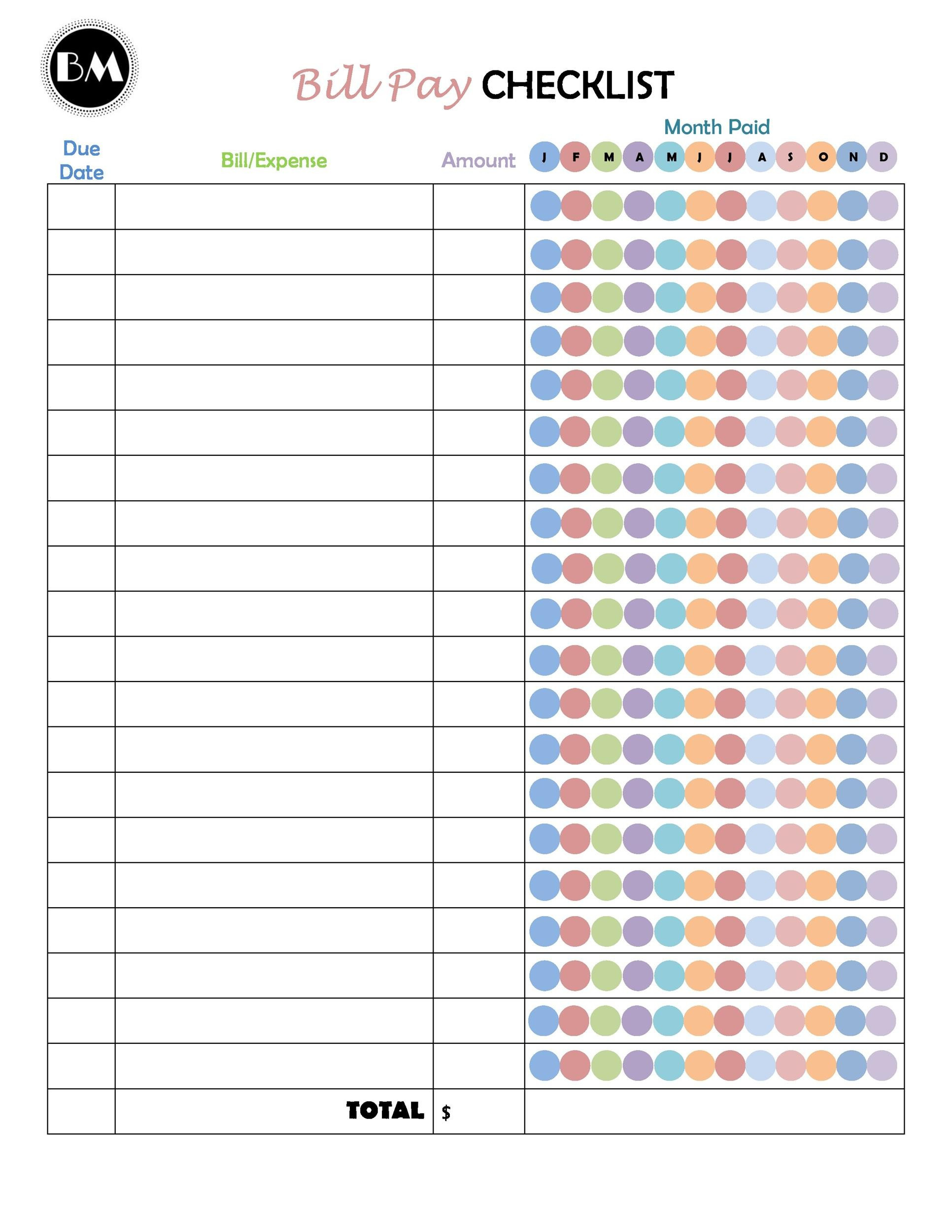 33 Free Bill Pay Checklists &amp; Bill Calendars (Pdf, Word  Bill Pay Schedule Worksheet