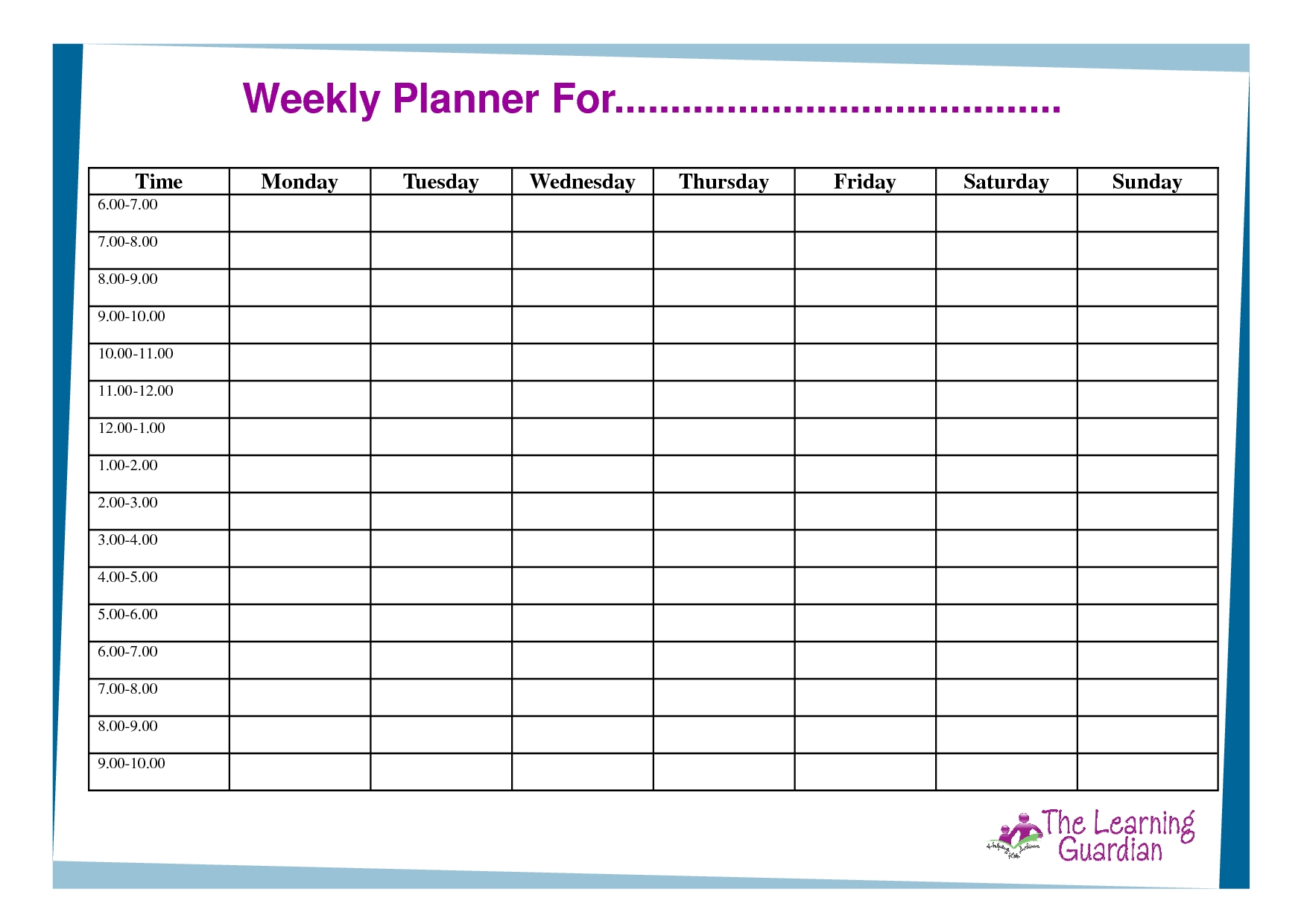 7 Day Weekly Planner Template Printable - Template  Excel Weekly Calendar