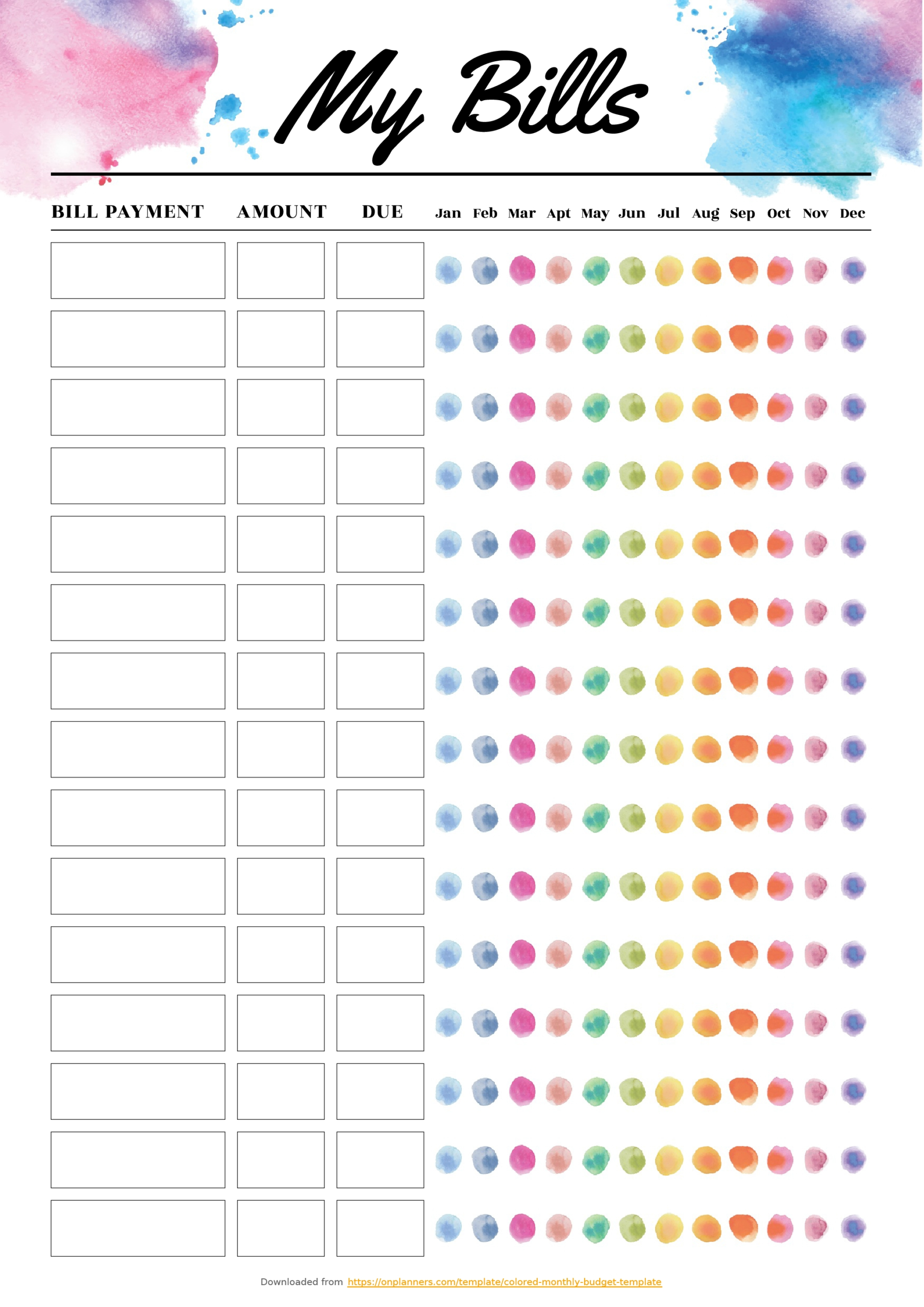 Blank Bill Calendar Printable Colorful - Calendar  Blank Bill Worksheet