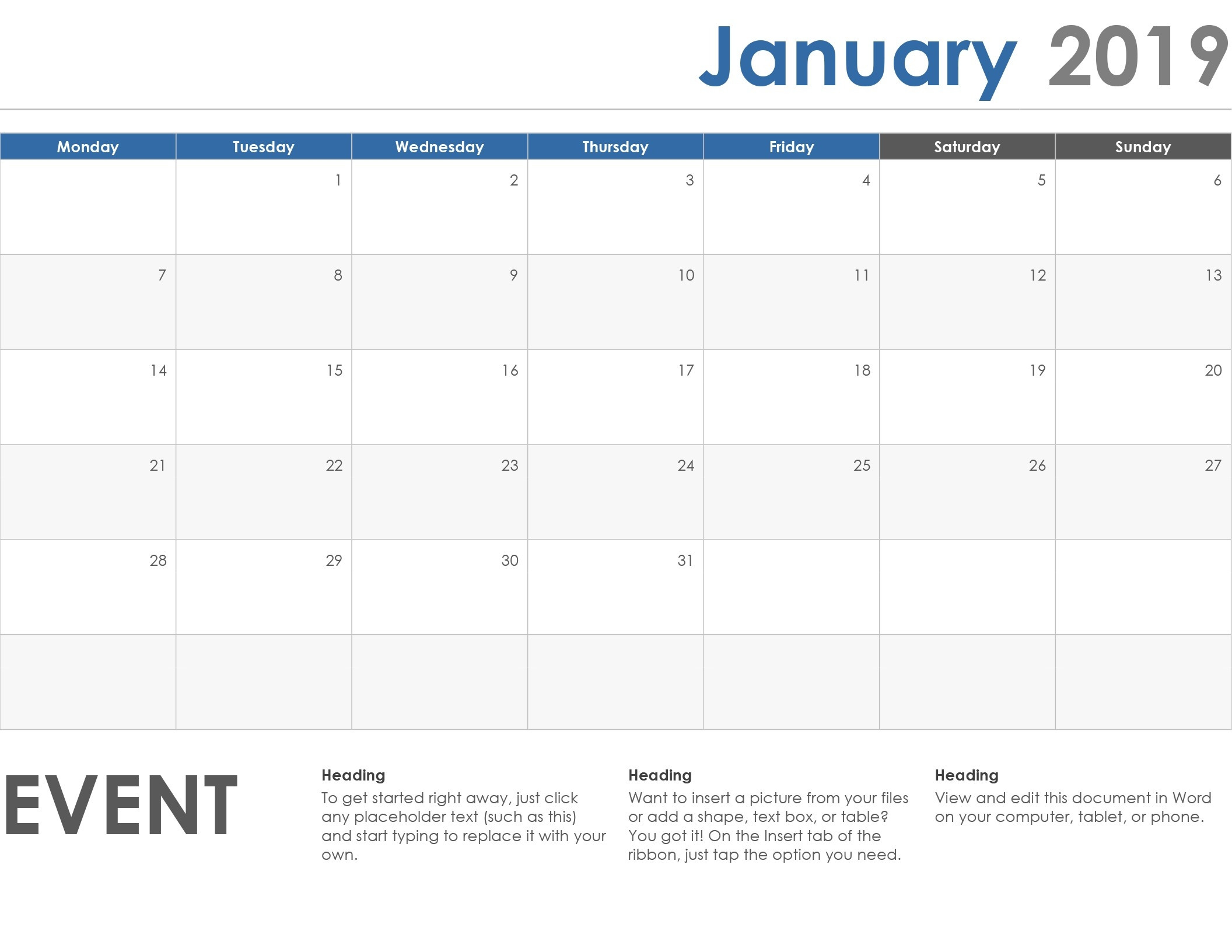 Blank Calendar Template With Space For Memo And Notes  Microsoft Weekly Calendar Template