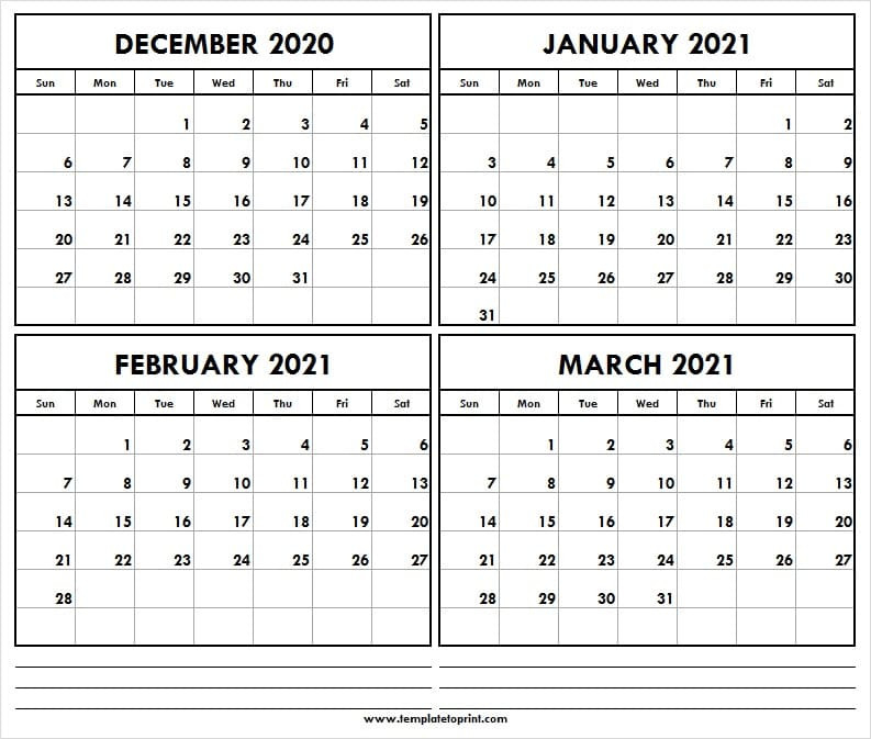 December 2020 To March 2021 Printable Calendar - Four  Free Printable Calendar 4 Manth