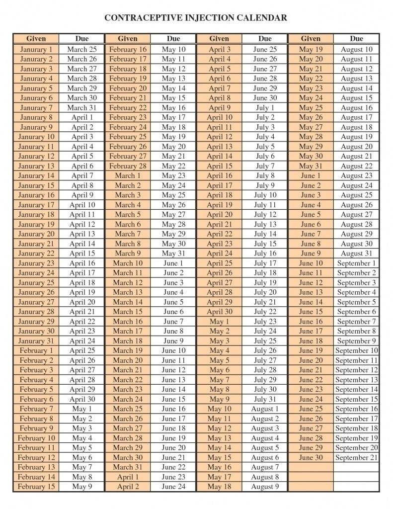 Depo Provera Perpetual Calendar 2019 Printable - Template  Depro Provera Schedule