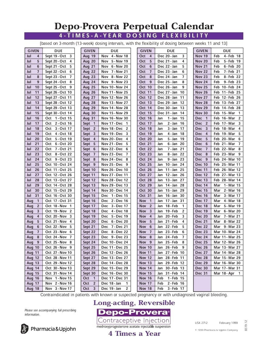 Depo-Provera Printable Calendar 2020 Pdf - Template  Depo Calender Pdf