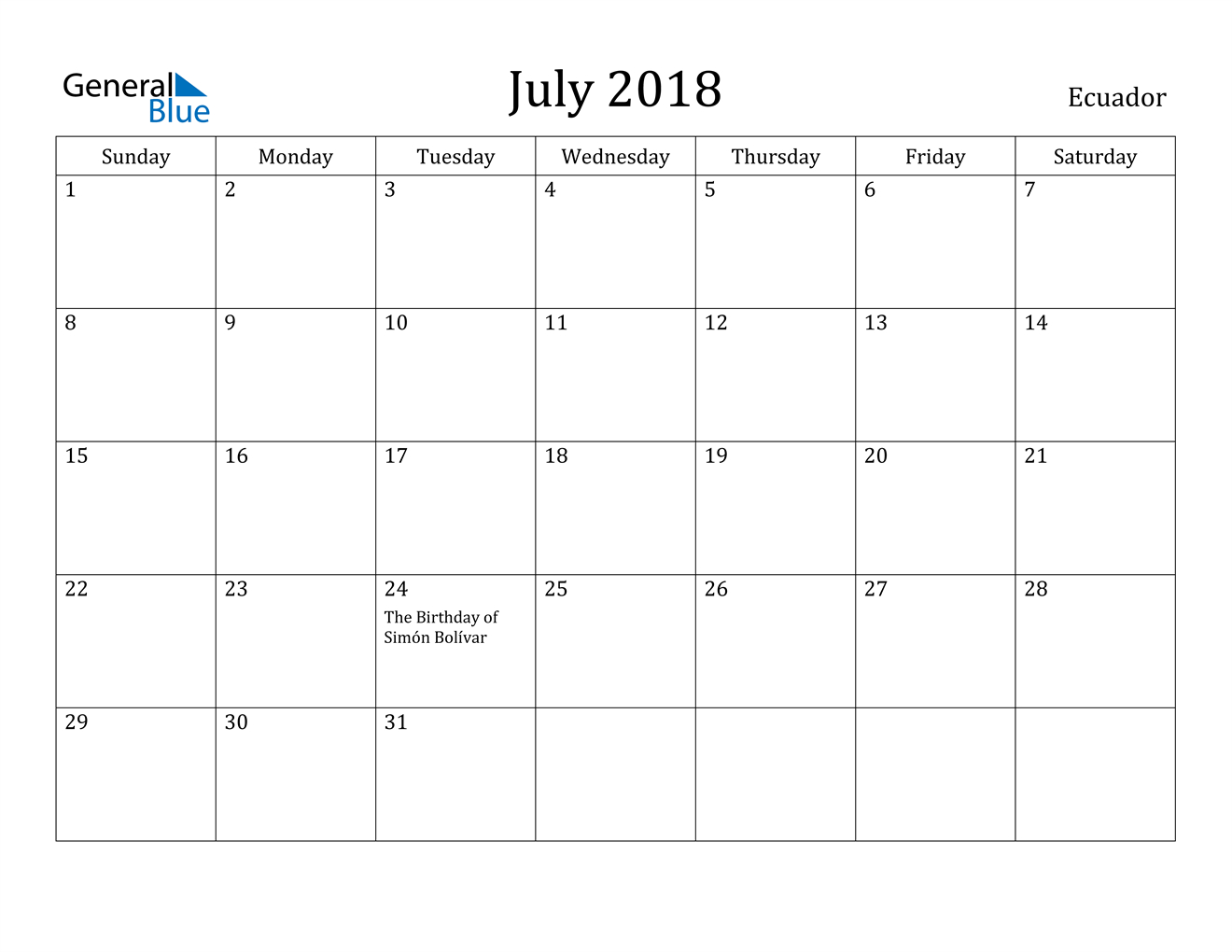 Ecuador July 2018 Calendar With Holidays  Fiscal Year Calendars Starting With July