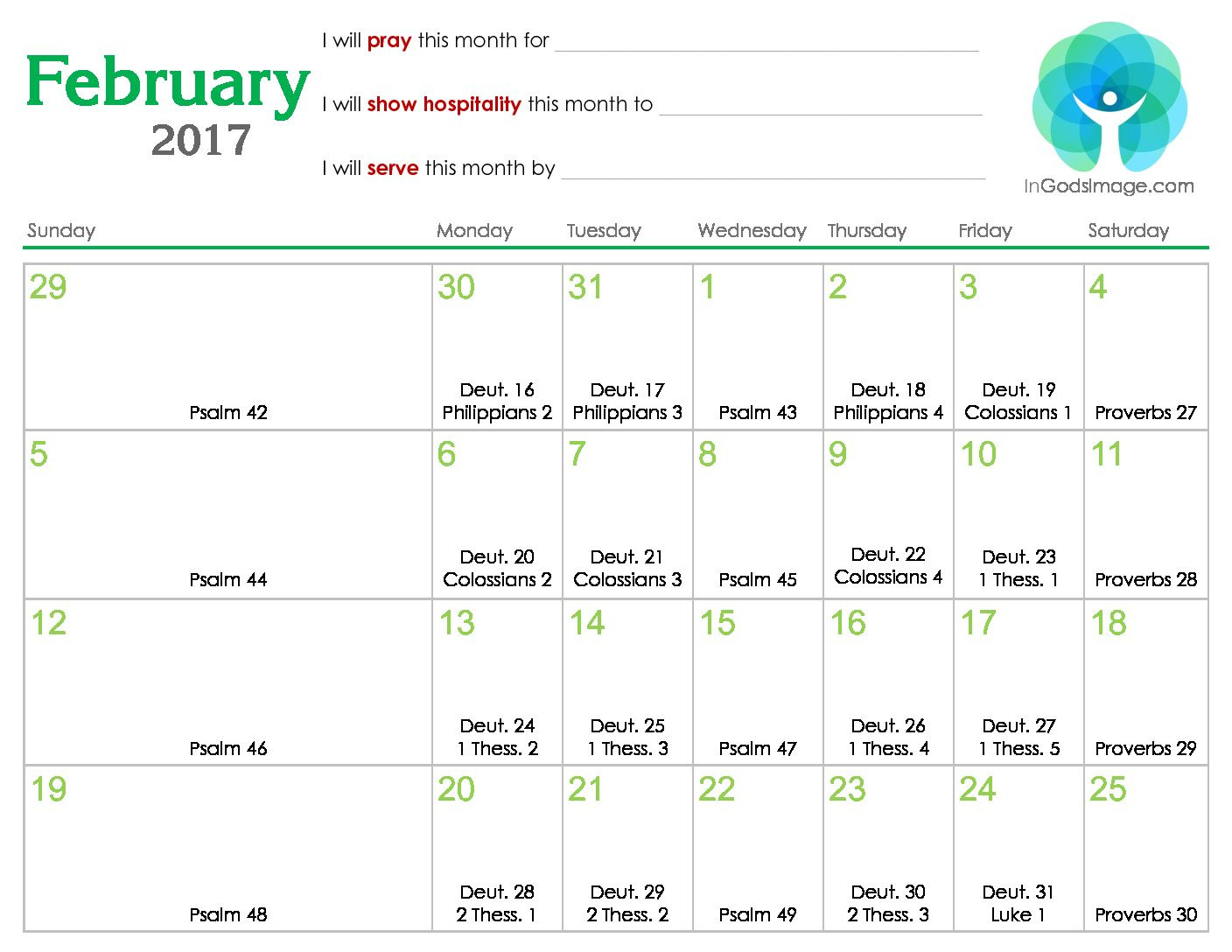 February 2017 Daily Bible Reading Calendar - In God&#039;S Image  Free Printable Bible Reading Calendar
