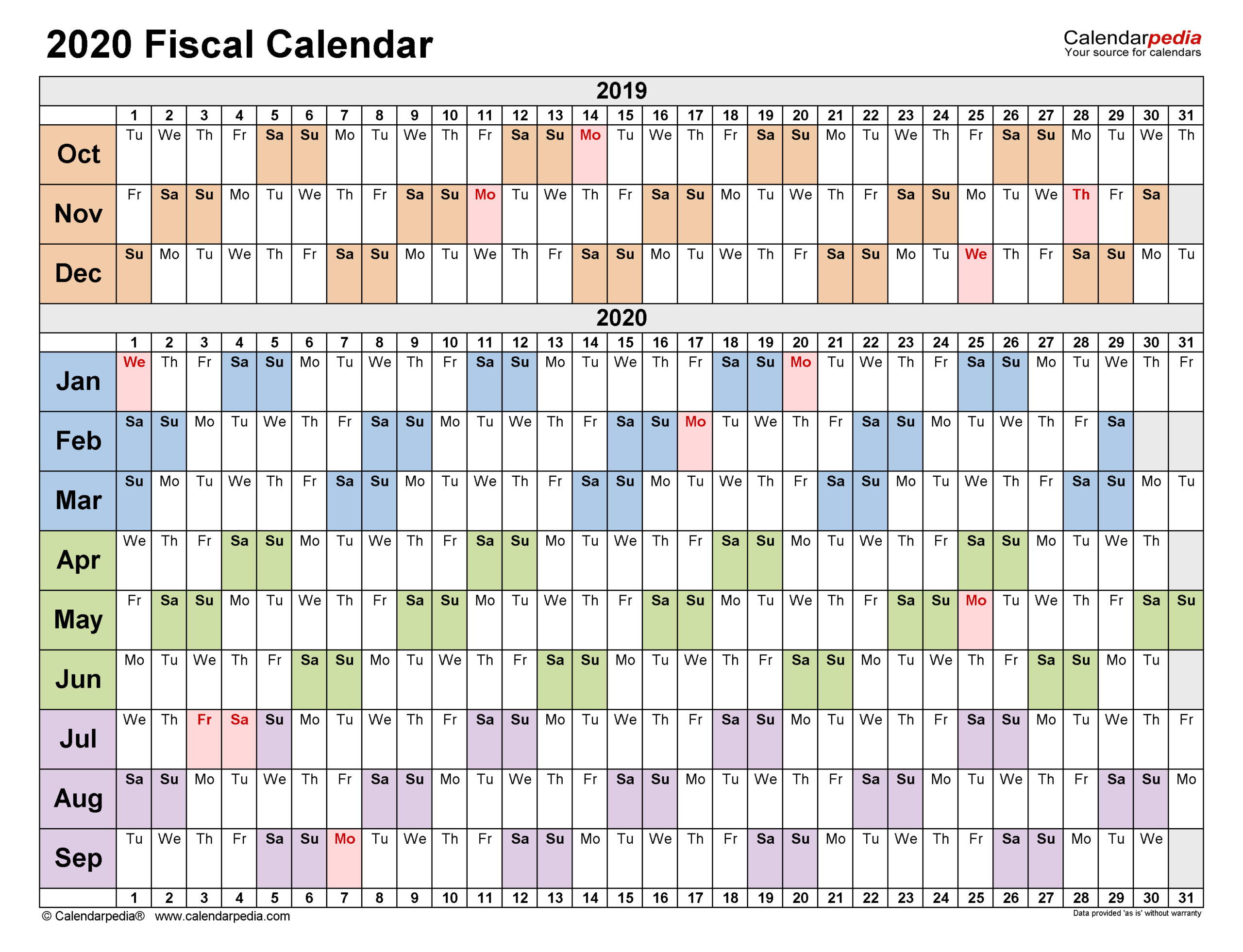 Fiscal Calendars 2020 - Free Printable Pdf Templates  Fiscal Year Calendars Starting With July