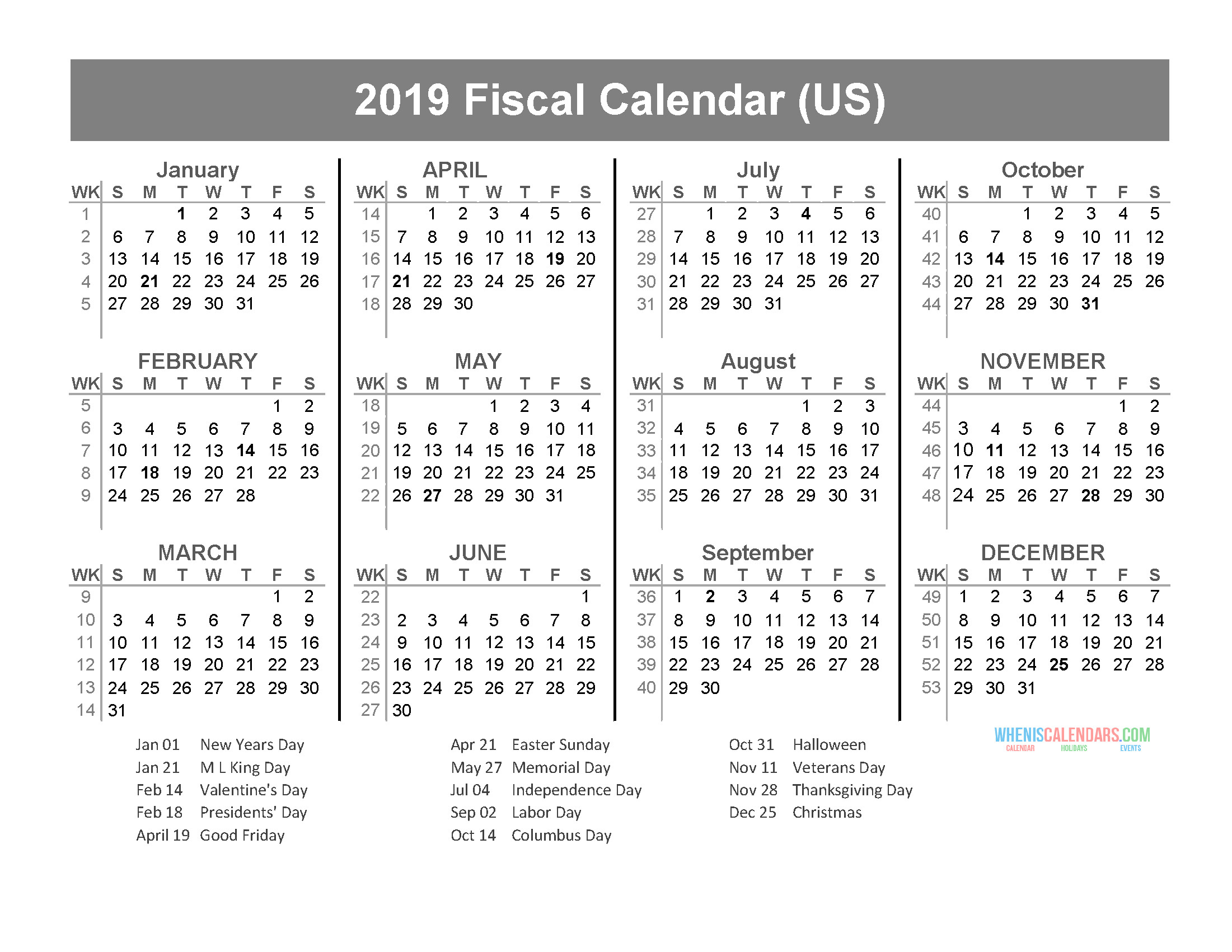 Fiscal Year 2019 Calendar With Us Holidays (January To  Fiscal Year Calendars Starting With July