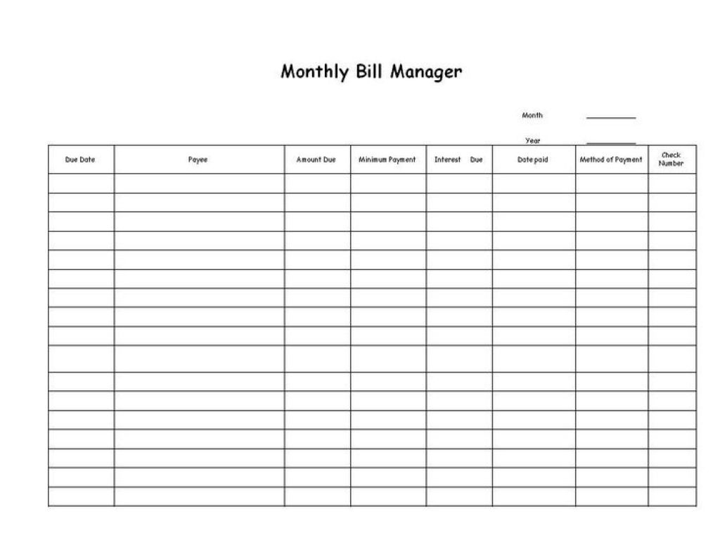 Free Blank Printable Bill Paying Chart | 2018 Calendar  Blank Bill Worksheet