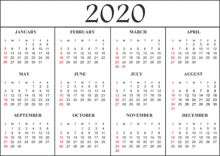 Free Blank Printable Calendar 2020 Template In Pdf, Excel  Whole Year Calendar Template