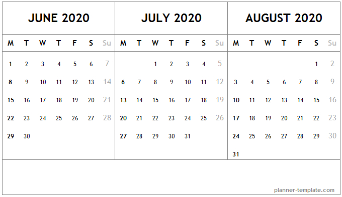 Free Blank Three Month Calendar June July August 2020 Printable Template. | Calendar Template  Blank Three Month Calendar Template