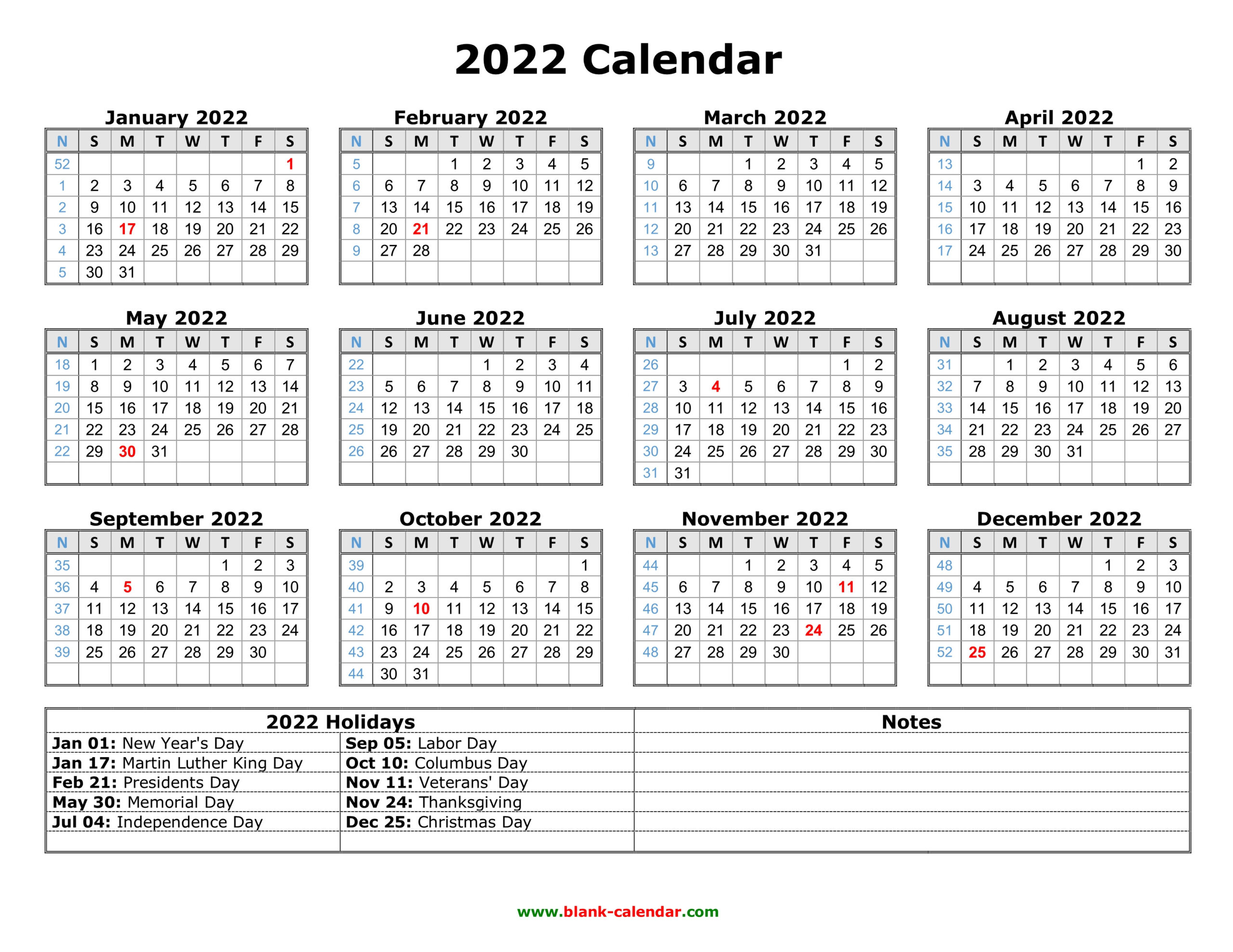 Free Download Printable Calendar 2022 With Us Federal  Yearly Calendar Printable