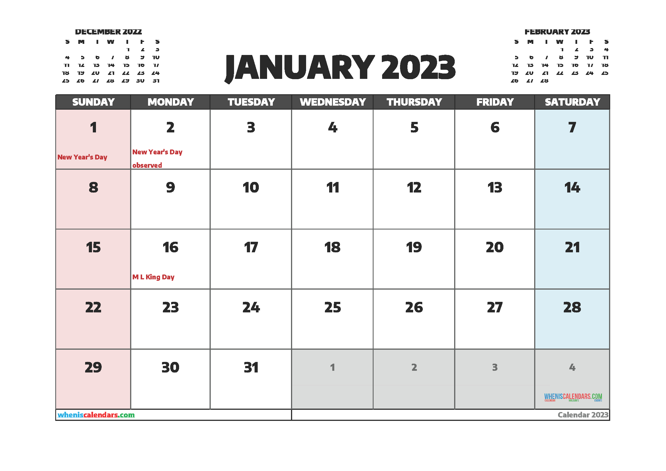 Free Printable January 2023 Calendar - 12 Templates  January Holidays