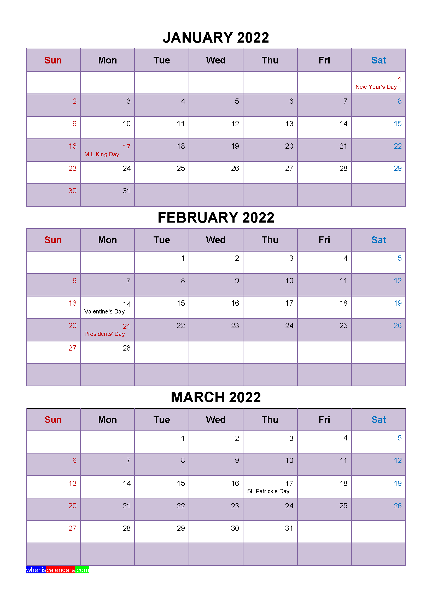 Free Printable January February March 2022 Calendar With  January Holidays