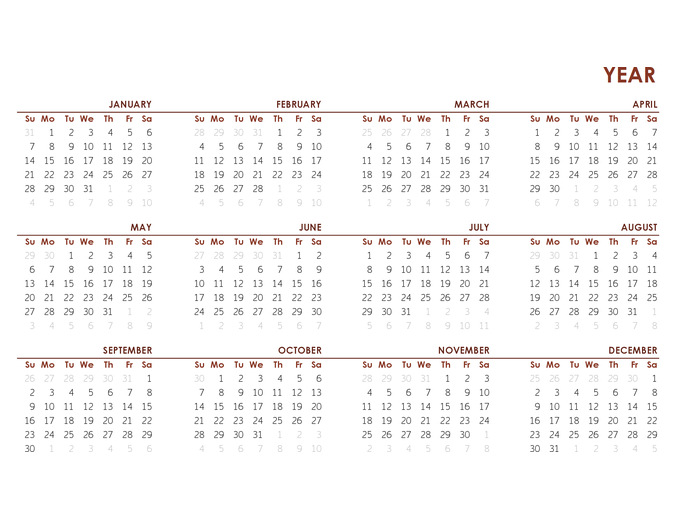 Full-Year Global Calendar  Whole Year Calendar Template