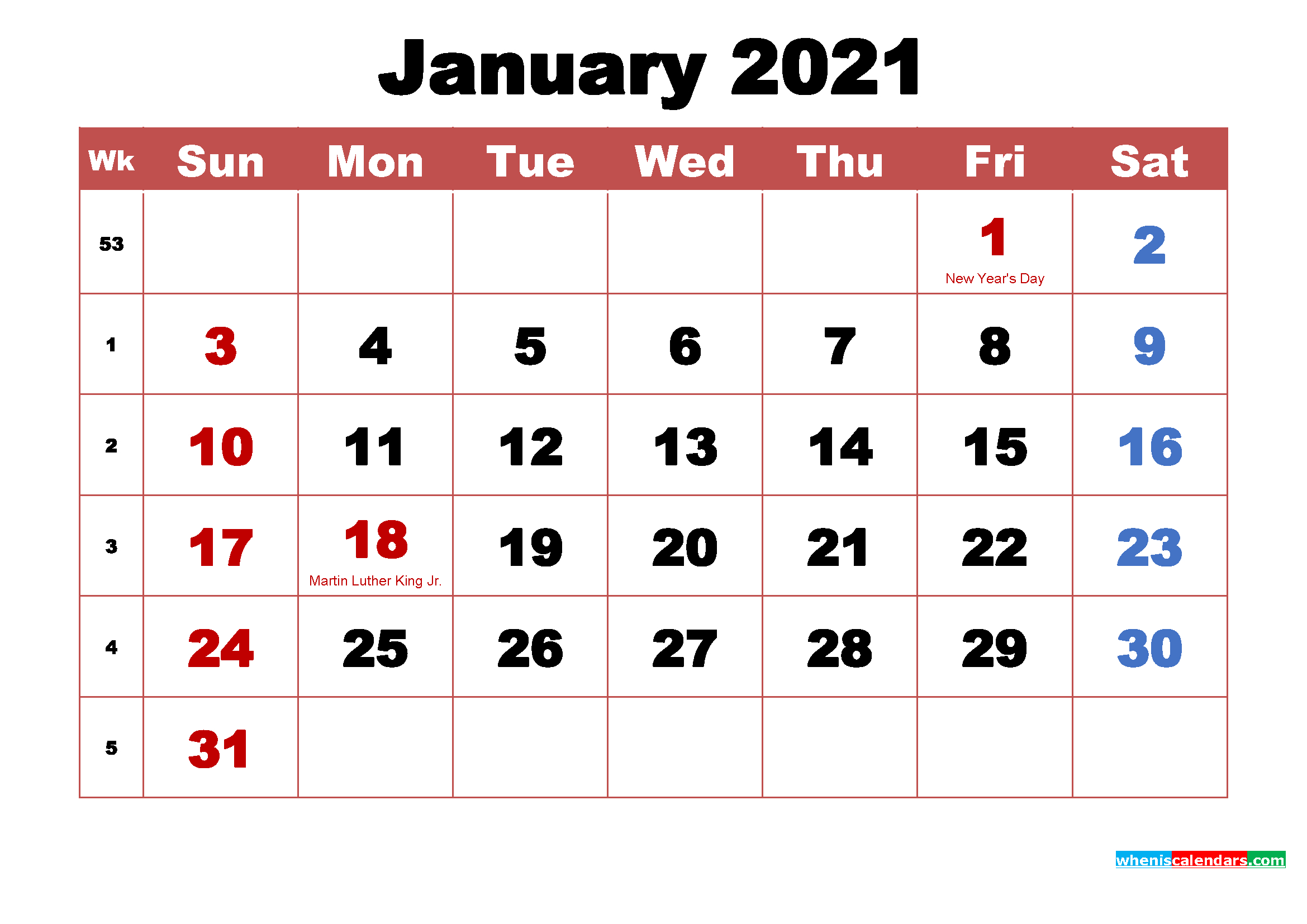January 2021 Calendar With Holidays Printable - Free  January Holidays