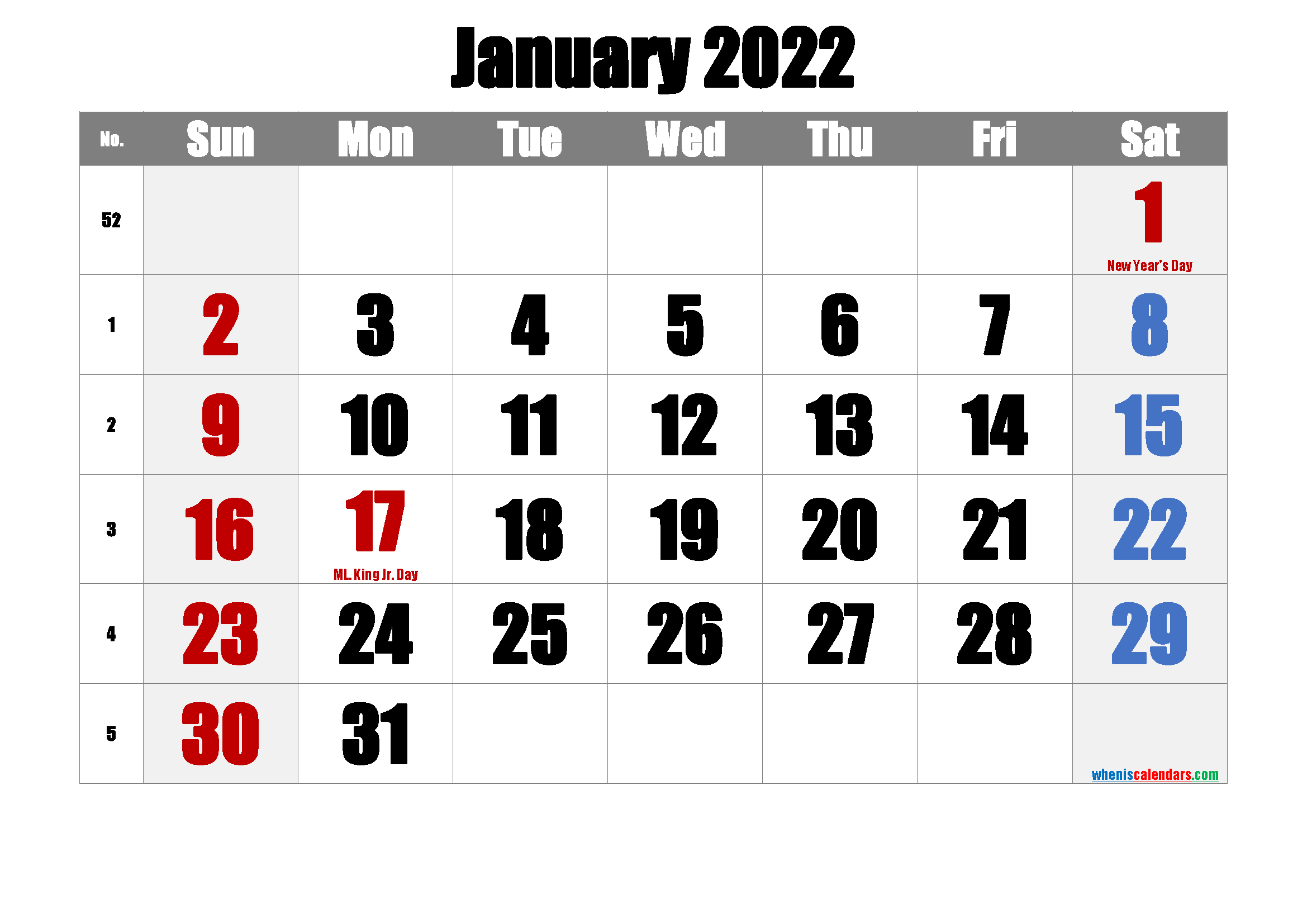 January 2022 Printable Calendar With Holidays  January Holidays