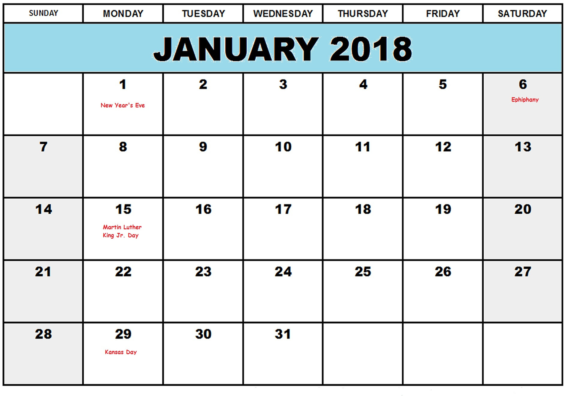 January Us Holidays 2018 Calendar - Free Printable  January Holidays