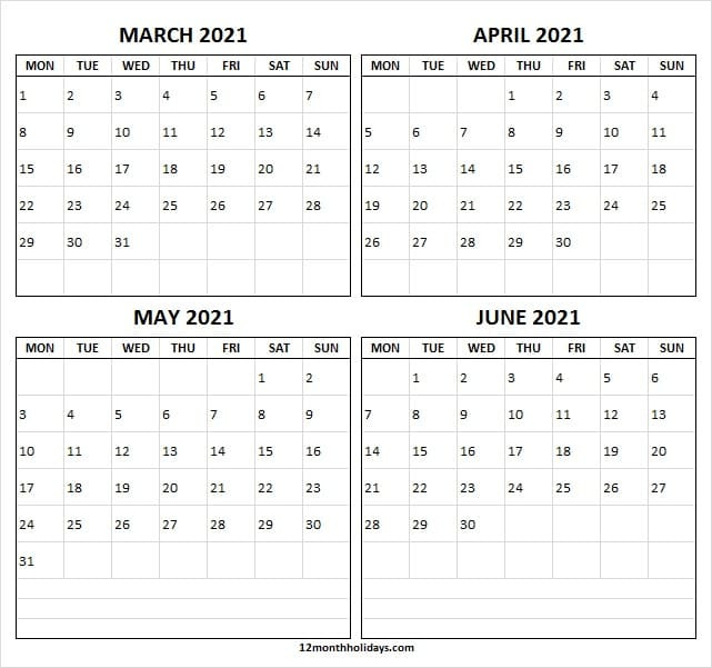 March To June 2021 Calendar Free - Four Month Calendar  Free Printable Calendar 4 Manth