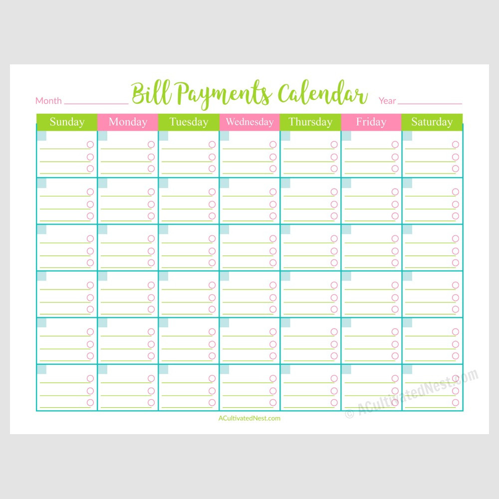 Monthly Bill Pay Calendar Printable | Example Calendar  Bill Pay Organizer Printable Free