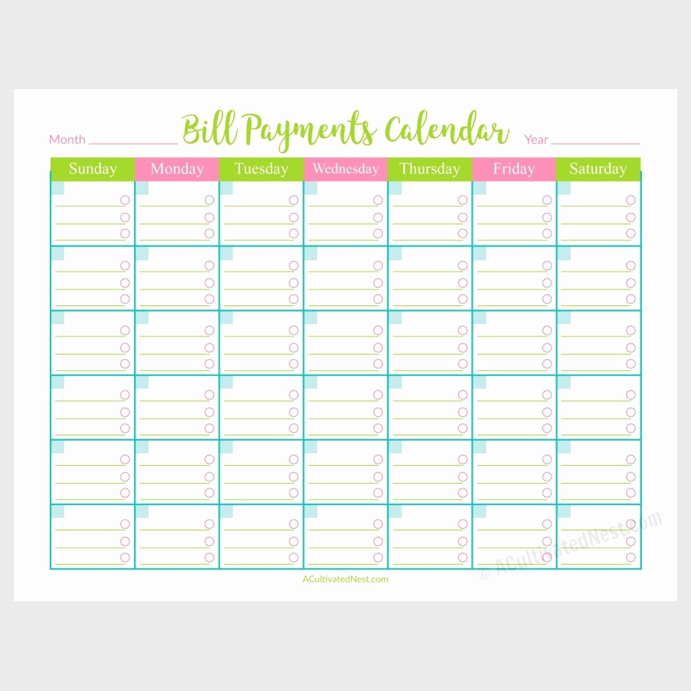 Monthly Bill Payment Blank Worksheet - Calendar  Blank Bill Worksheet